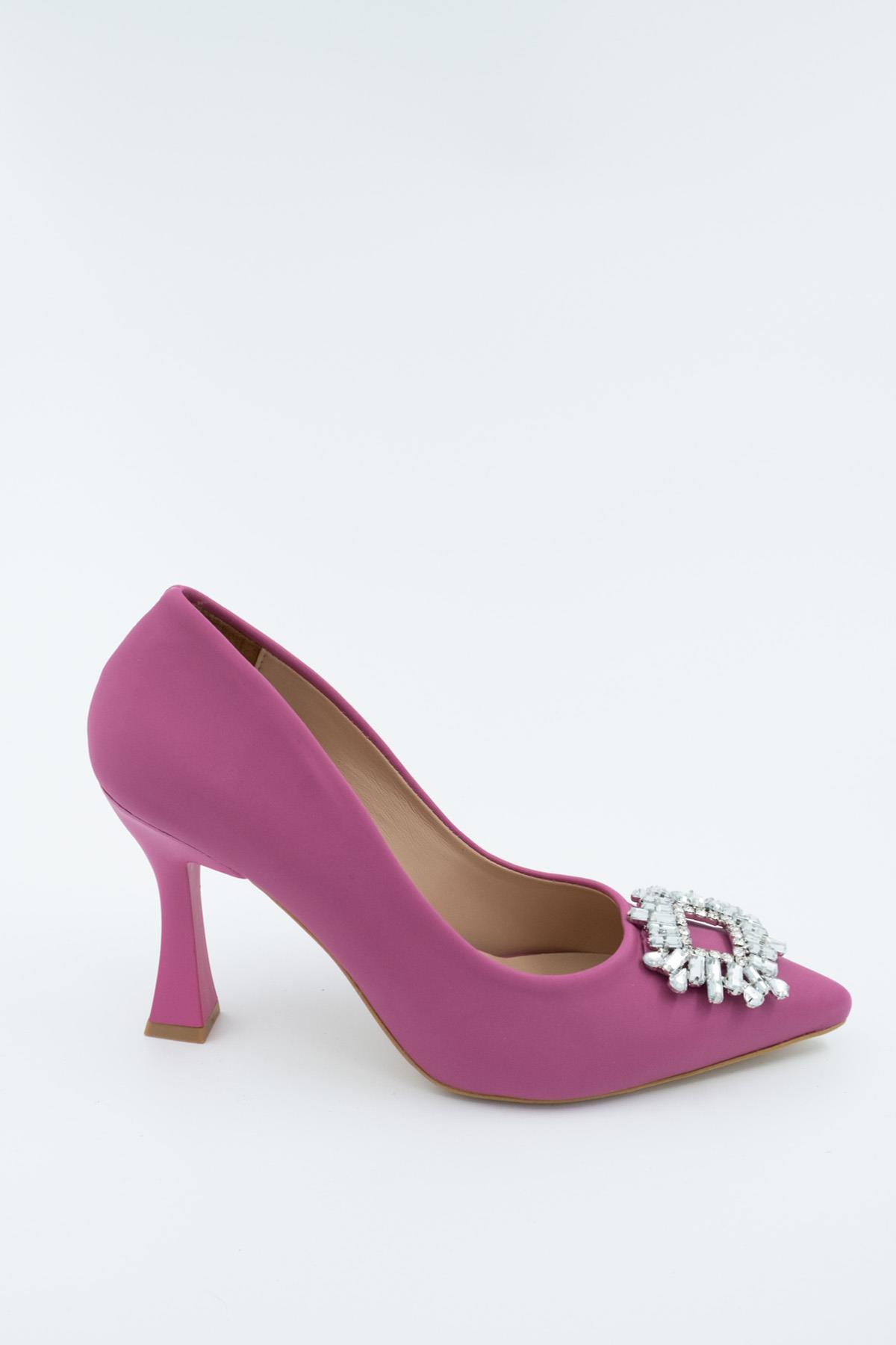 Anjelik Fuşya Saten Taşlı Stiletto Kadeh Topuklu Ayakkabı - Görsel 3