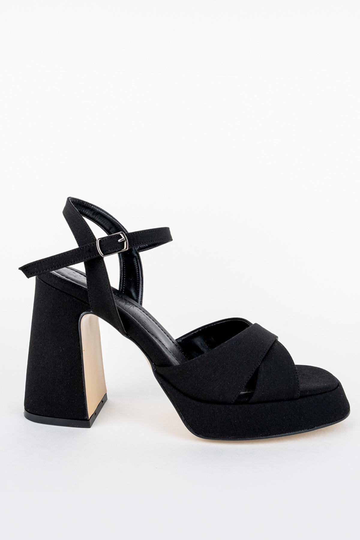 Sahra Siyah Saten Çapraz Bantlı Kalın Platform Topuklu Ayakkabı - Görsel 3