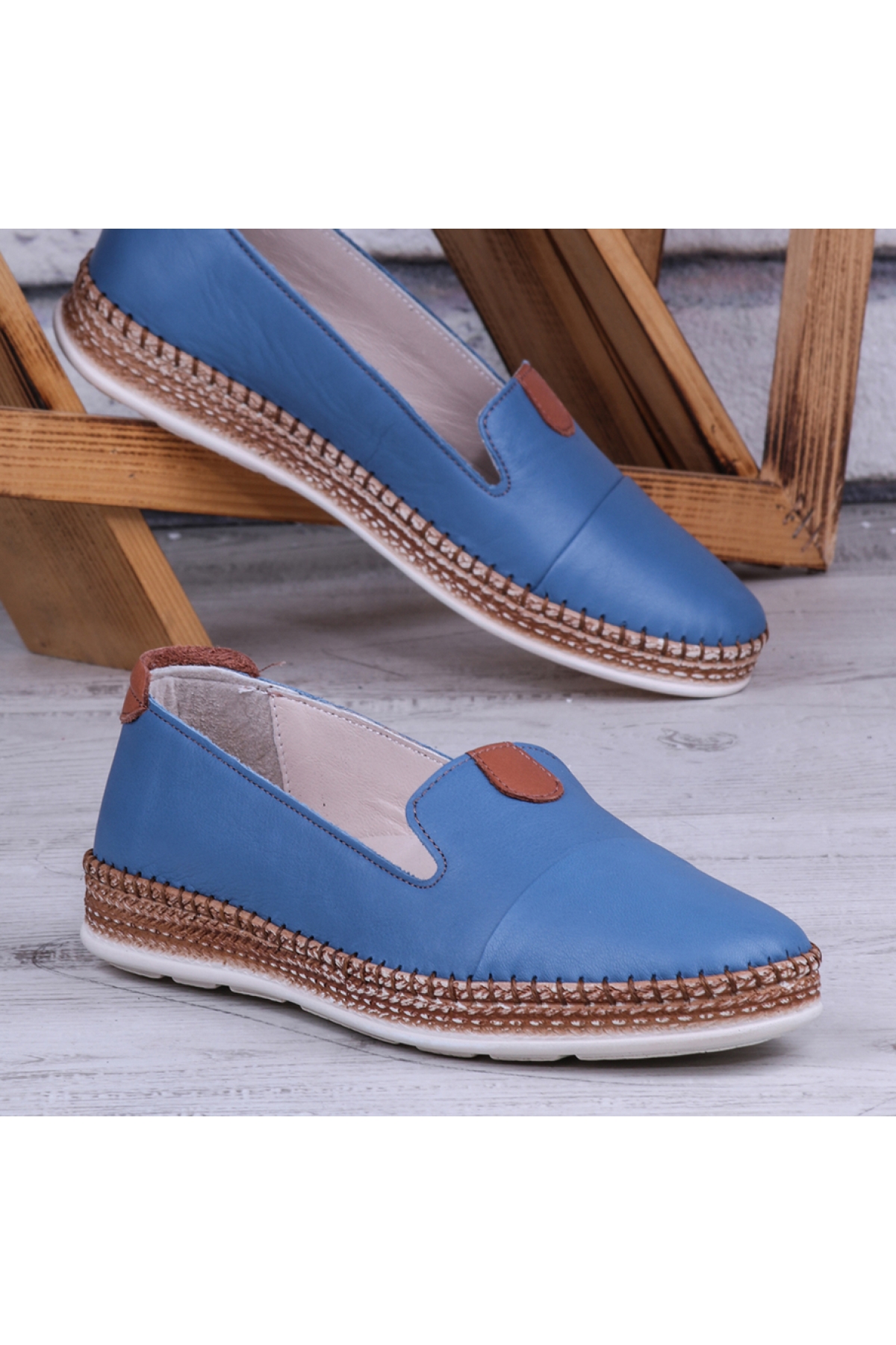 Feraz Hakiki Deri Babet Kadın Ayakkabı Mavi - Görsel 3
