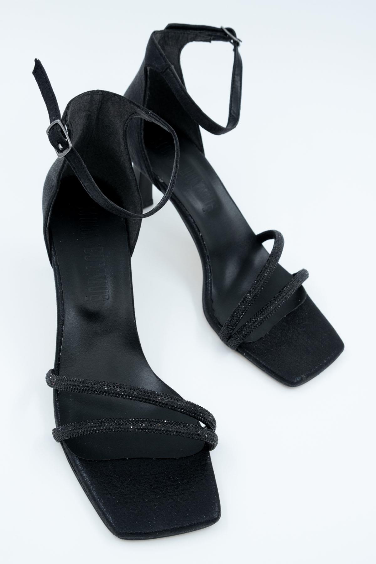 Siyah Taşlı Çift Bant Topuklu Abiye Ayakkabı - Lovely - Görsel 5