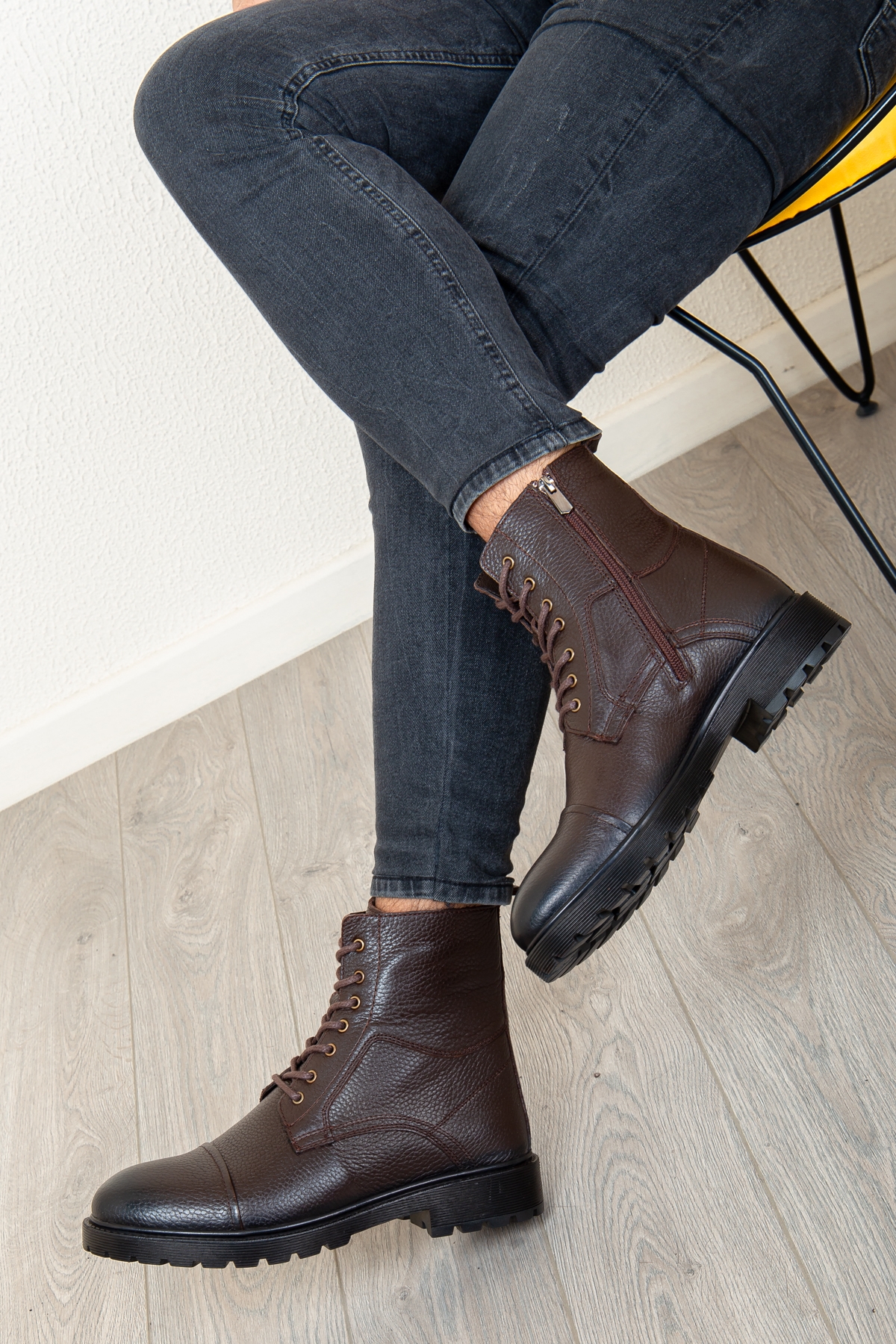 D402 Hakiki Deri Soğuk Geçirmez Kışlık Erkek Bot Kauçuk Taban_Kahverengi - Görsel 5