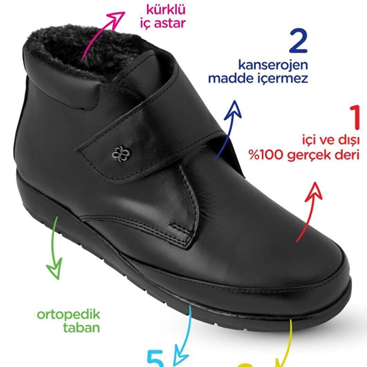 200 Ortopedik Taban İçi Kürklü Siyah Anne Botu Kadın Cırtlı Bot Ayakkabı - Görsel 5