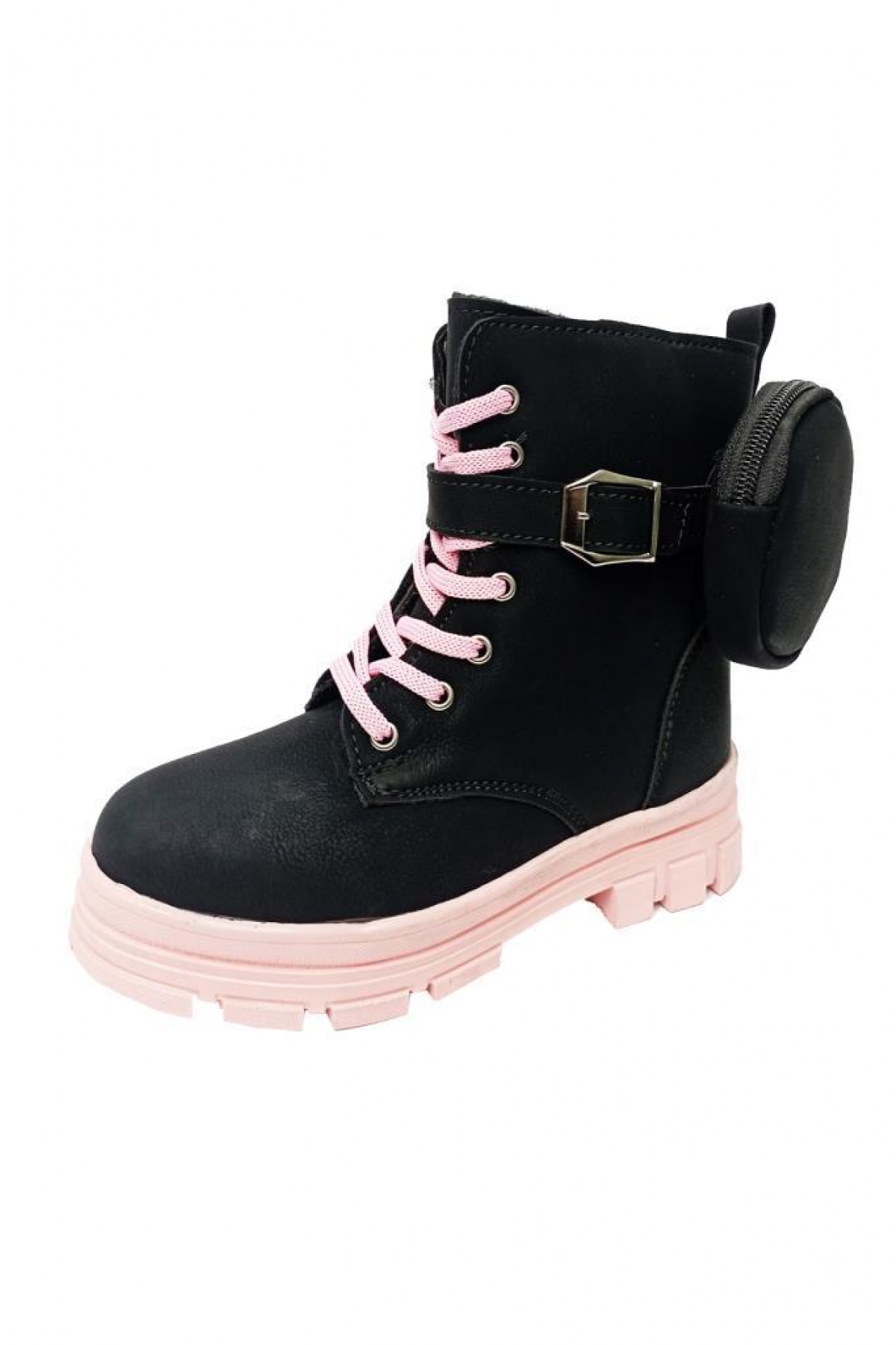 0838F Yağlı Deri Kız Çocuk Postal Bot Siyah Pembe - Görsel 3