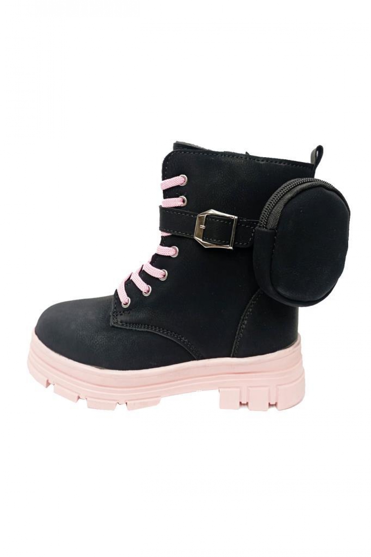 0838F Yağlı Deri Kız Çocuk Postal Bot Siyah Pembe - Görsel 4