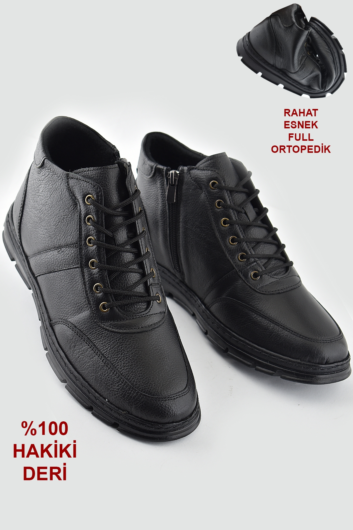 225-2 Hakiki Deri Ortopedik Kaymaz Taban Erkek Bot Ayakkabı Kauçuk Taban - Görsel 2