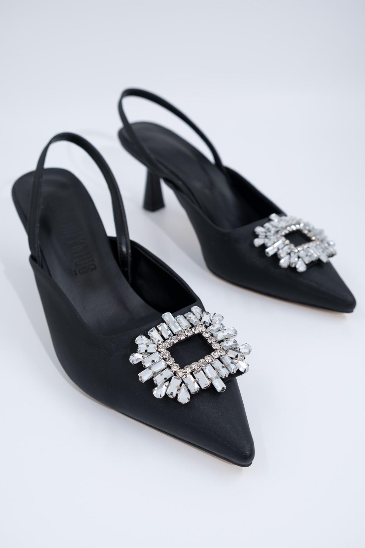 Siyah Taşlı Arkası Açık Stiletto Kısa Topuklu Ayakkabı - Elizabeth - Görsel 6