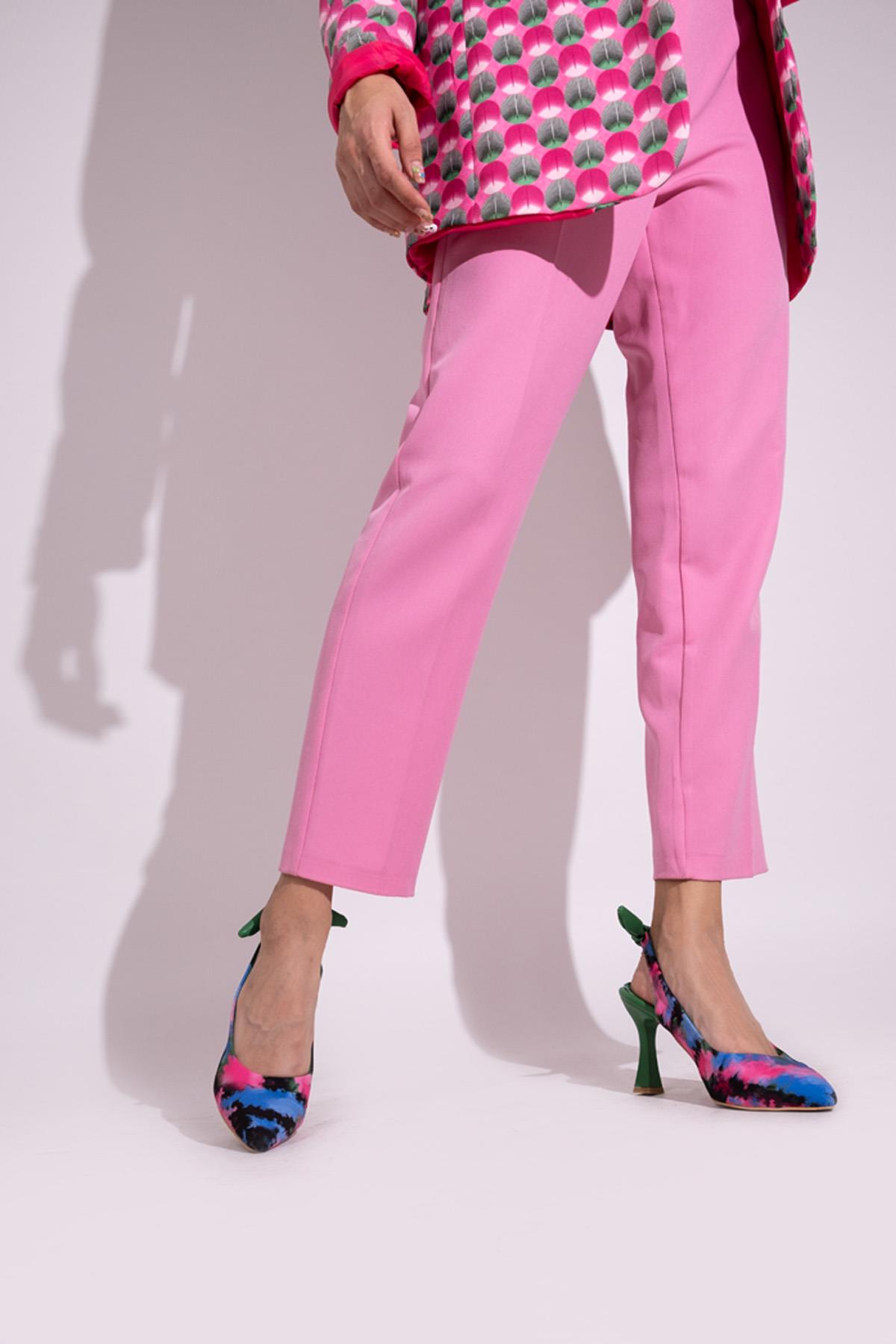 Yeşil Çok Renkli Arkadan Fiyonklu Stiletto Topuklu Ayakkabı - Pony - Görsel 3