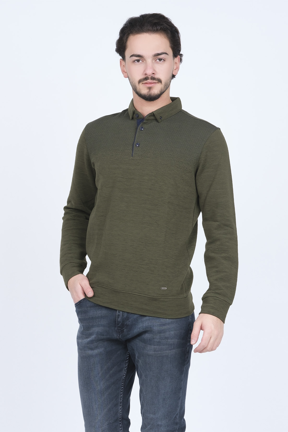 Erkek Desenli Polo Yaka Triko Sweat 6782258 Haki