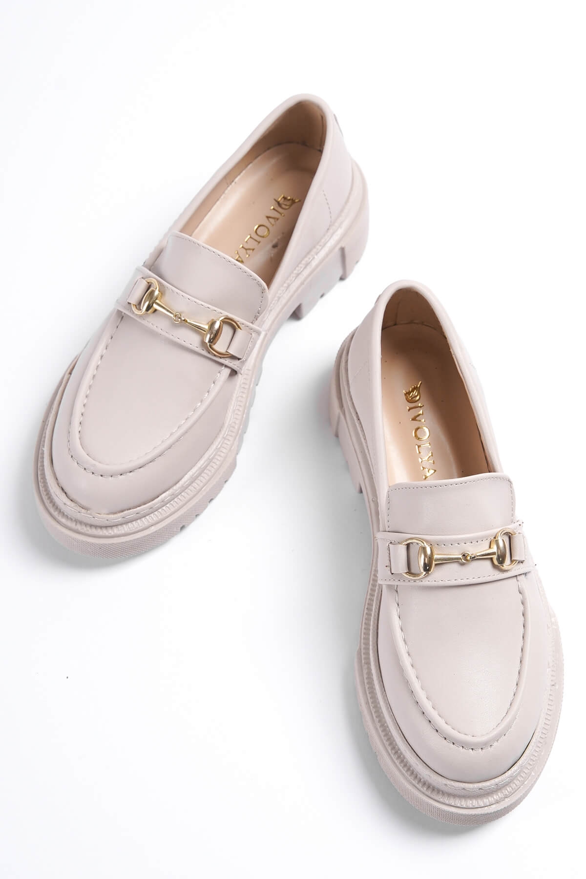 Ferrera Bej Gold Tokalı Deri Günlük Kullanım Loafer Kadın Ayakkabı - Görsel 3