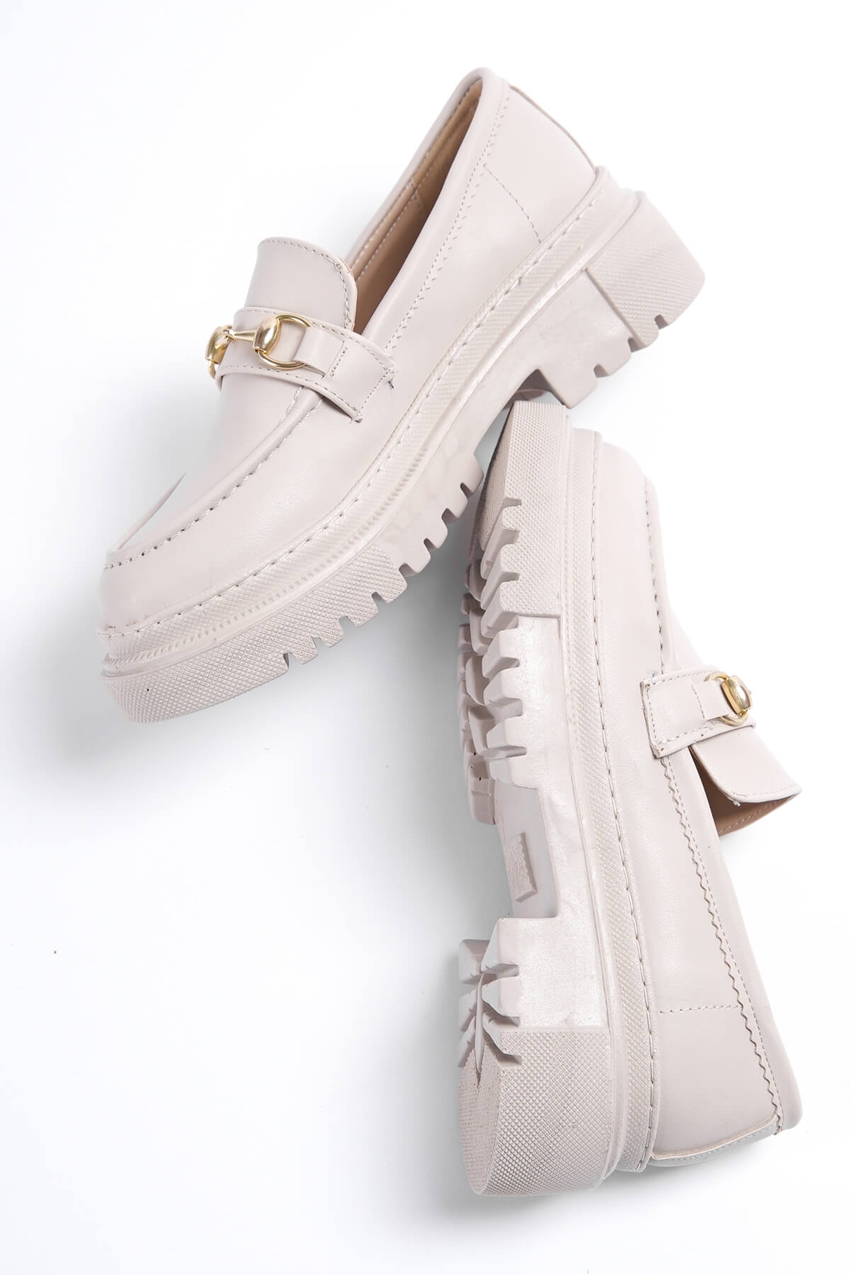 Ferrera Bej Gold Tokalı Deri Günlük Kullanım Loafer Kadın Ayakkabı - Görsel 5