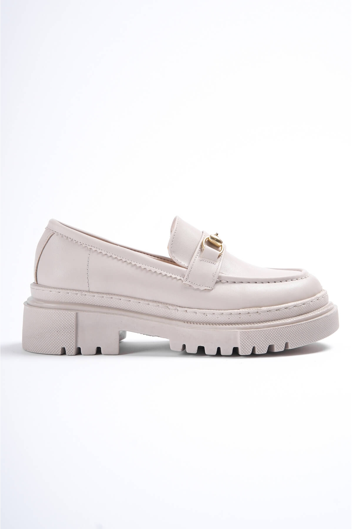 Ferrera Bej Gold Tokalı Deri Günlük Kullanım Loafer Kadın Ayakkabı - Görsel 6