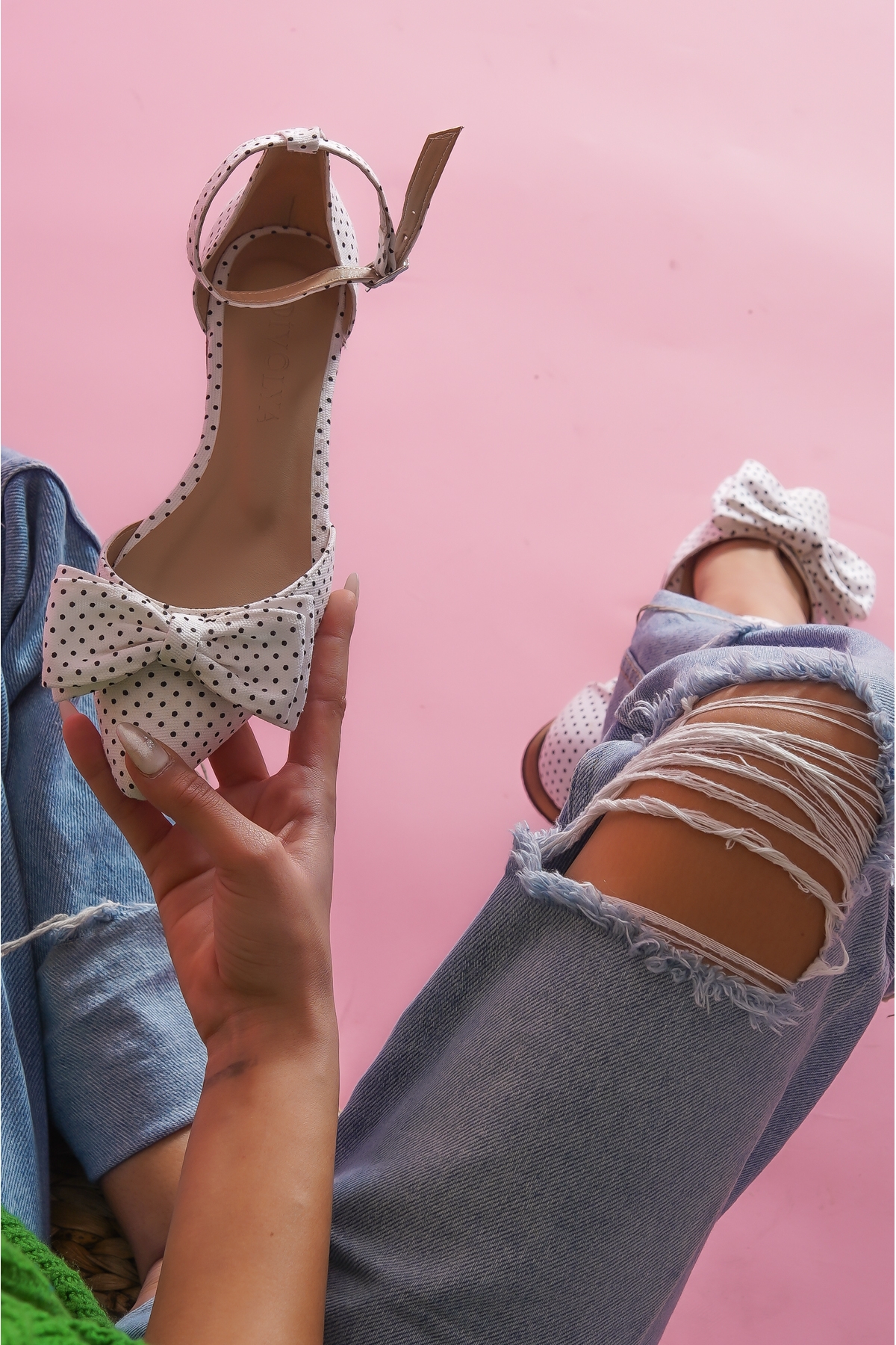 Misty Beyaz Puantiyeli Bilekten Bantlı Sivri Burun Günlük Babet - Görsel 7