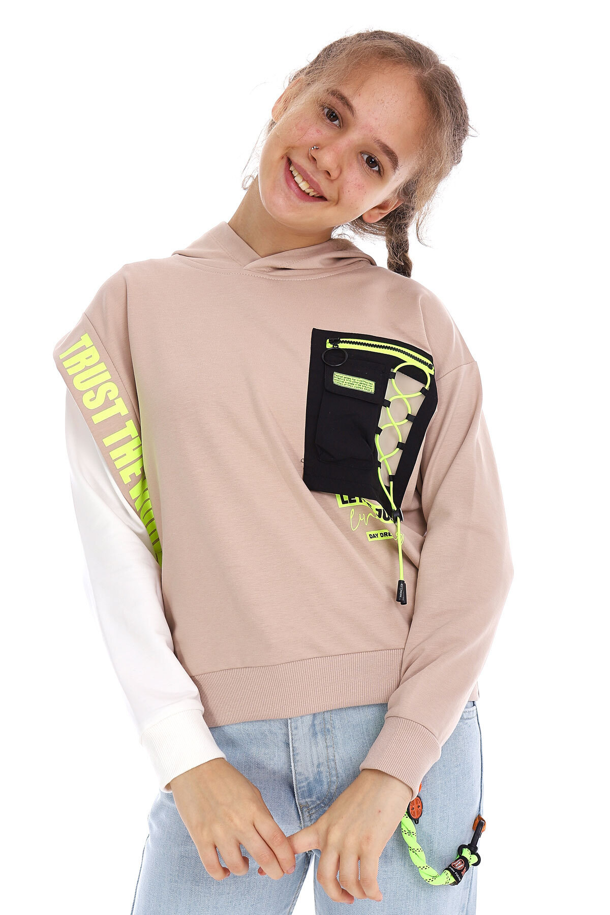 Kız Çocuk Cep Detaylı Kapşonlu Sweatshirt 10-15 Yaş 14161