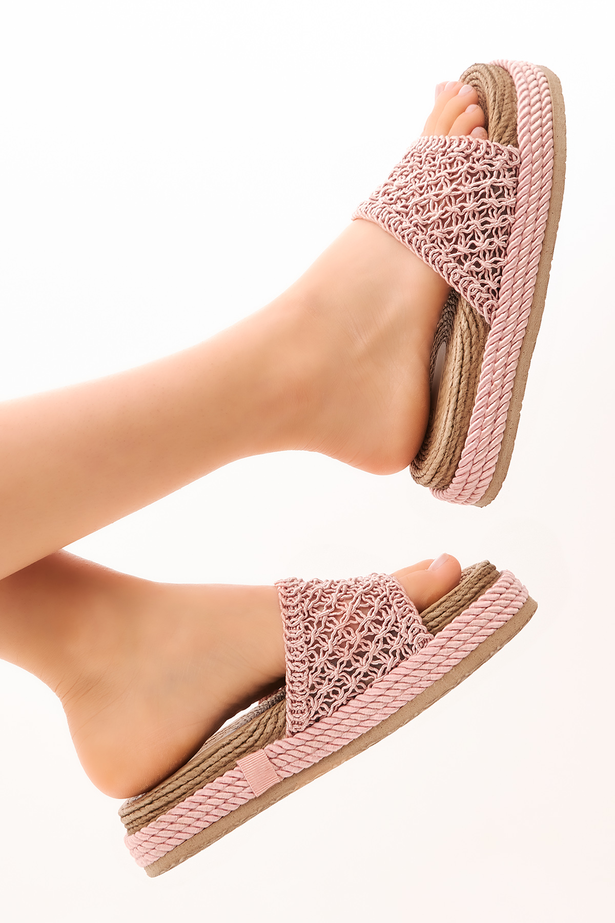 Kadın Pudra Rahat Kalıp Dantelli Yüksek Taban Halat Terlik - Görsel 3