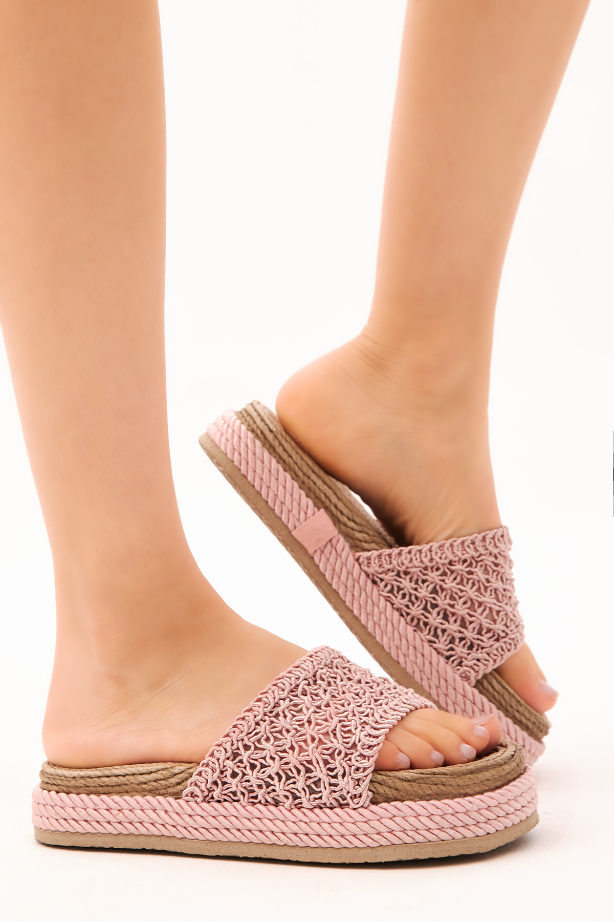 Kadın Pudra Rahat Kalıp Dantelli Yüksek Taban Halat Terlik - Görsel 4