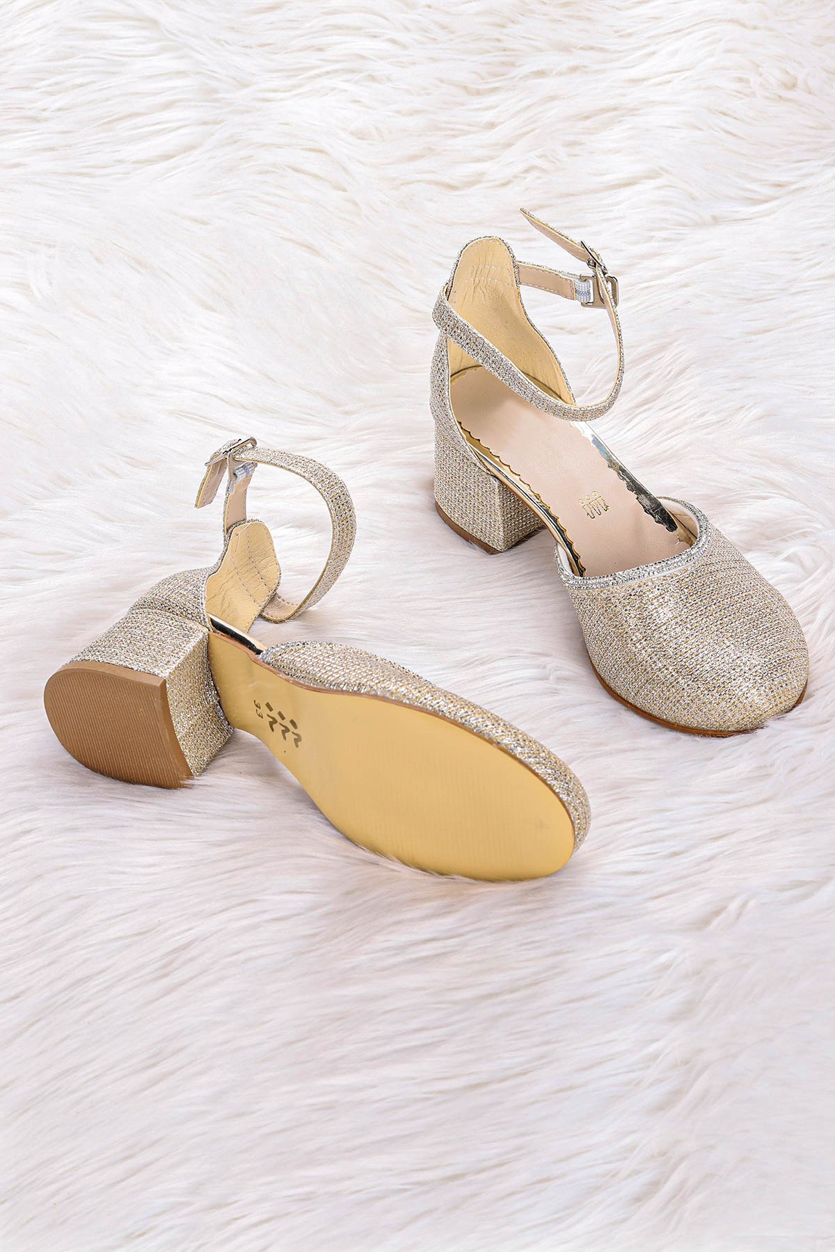 Ressa Taşlı Kız Çocuk 5 Cm Topuklu Sandalet Abiye Ayakkabı Altın - Görsel 3