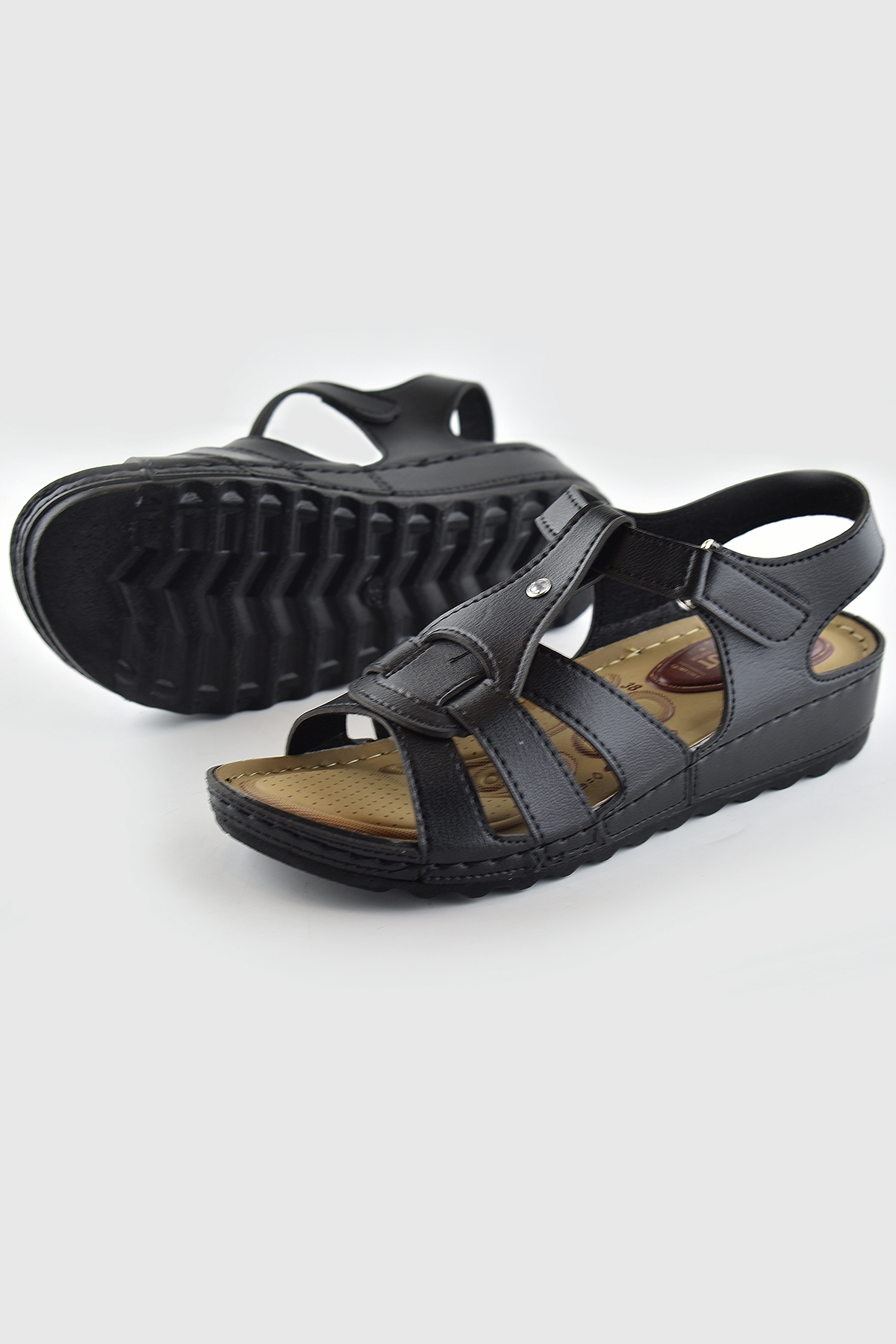 6001 TAM Ortopedik Taban Günlük Kadın Sandalet Terlik Siyah Sandalet - Görsel 4