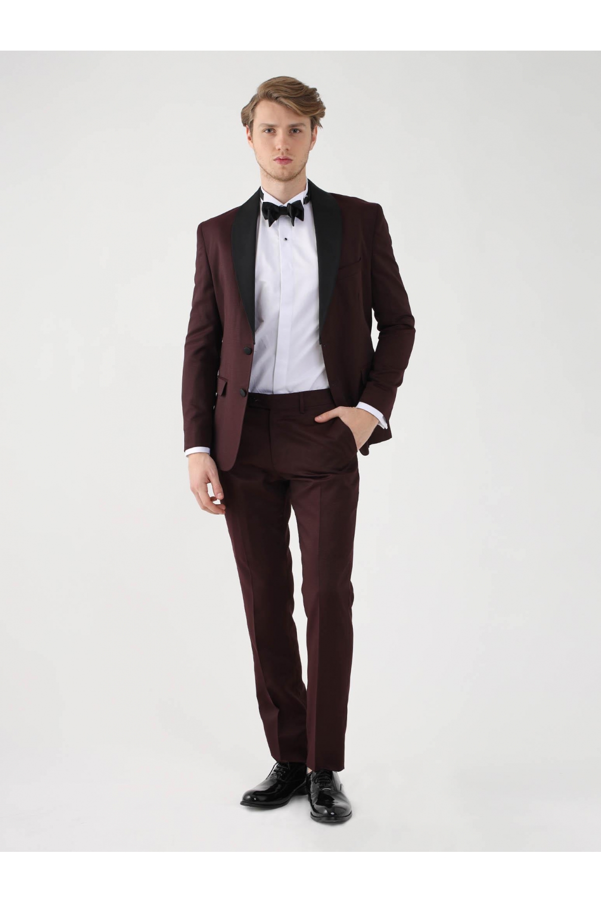 Bordo Erkek Slim Fit Düz Sivri Yaka Smokin Takım - 92433