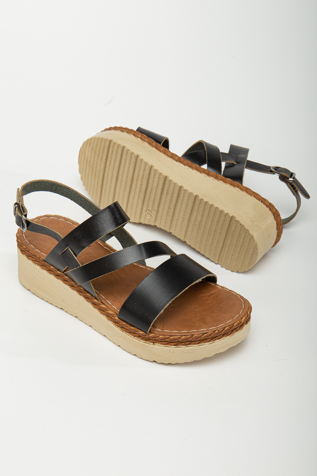 D152 Garantili Kadın Hakiki Deri Sandalet_Siyah - Görsel 6