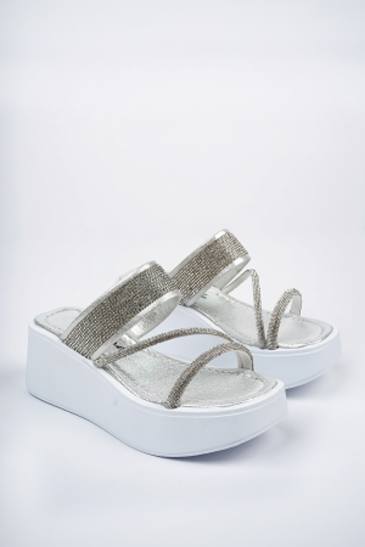 Kadın Garantili Taş Detay 6 cm Platform Günlük Yüksek Eva Taban Dolgu Topuk Terlik Gümüş - Görsel 6