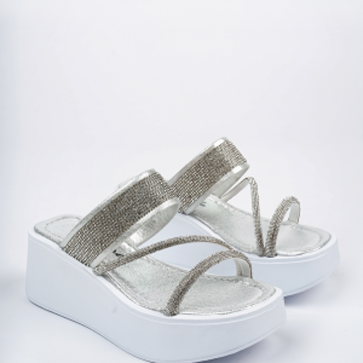 Kadın Garantili Taş Detay 6 cm Platform Günlük Yüksek Eva Taban Dolgu Topuk Terlik Gümüş - Görsel 9