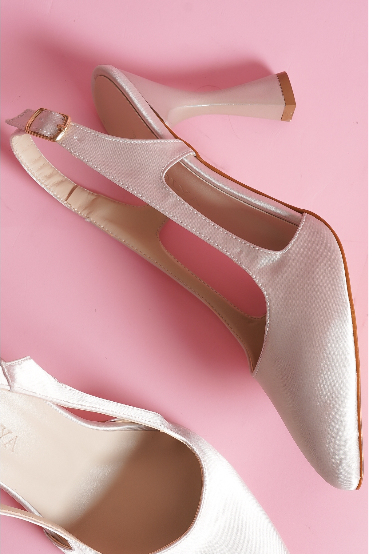 Duck Bej Saten Yanları Açık Topuklu Ayakkabı - Görsel 5