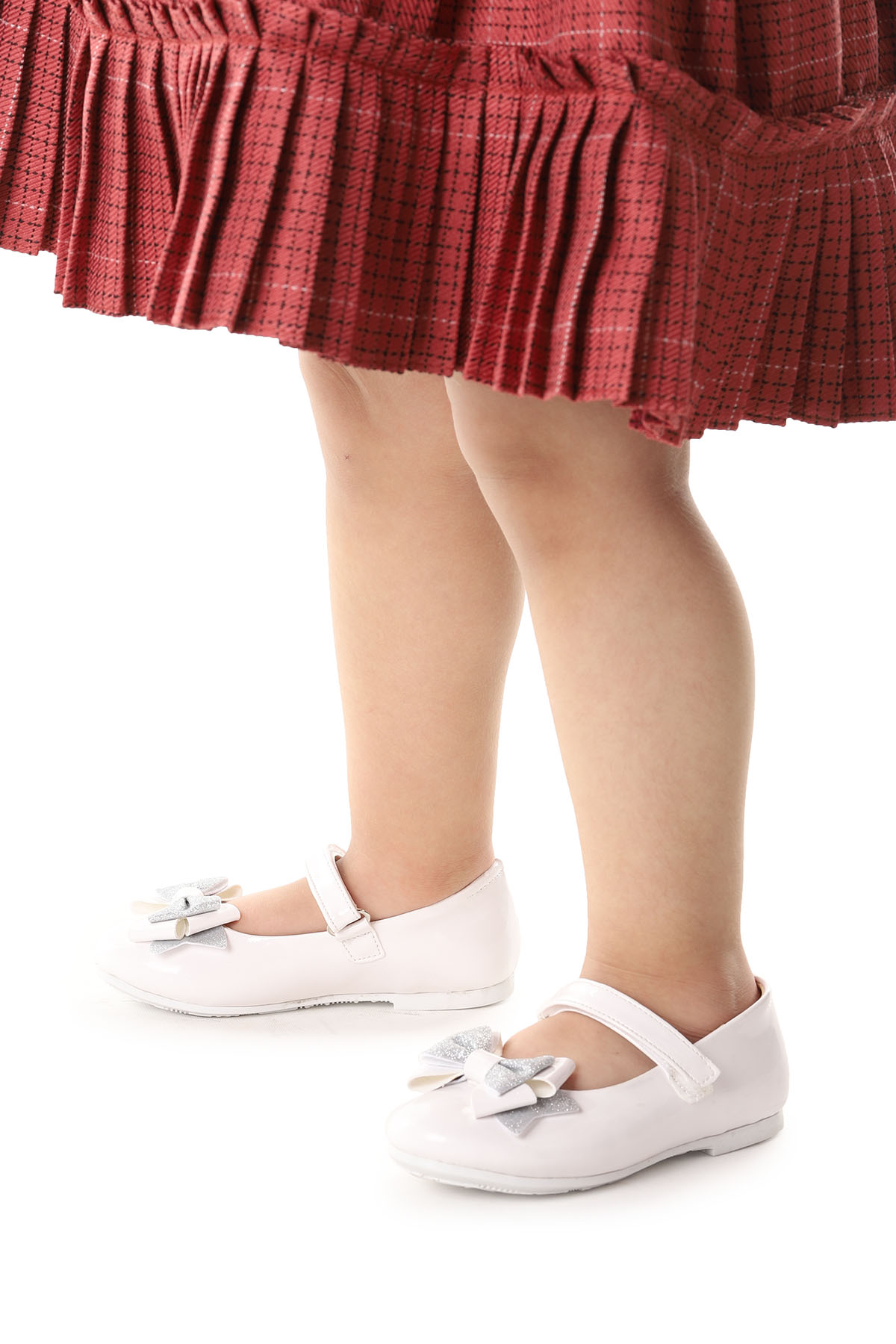 Cırtlı Kum Sim Fiyonklu Kız Çocuk Babet Ayakkabı Ege 202 Rugan Beyaz - Görsel 3