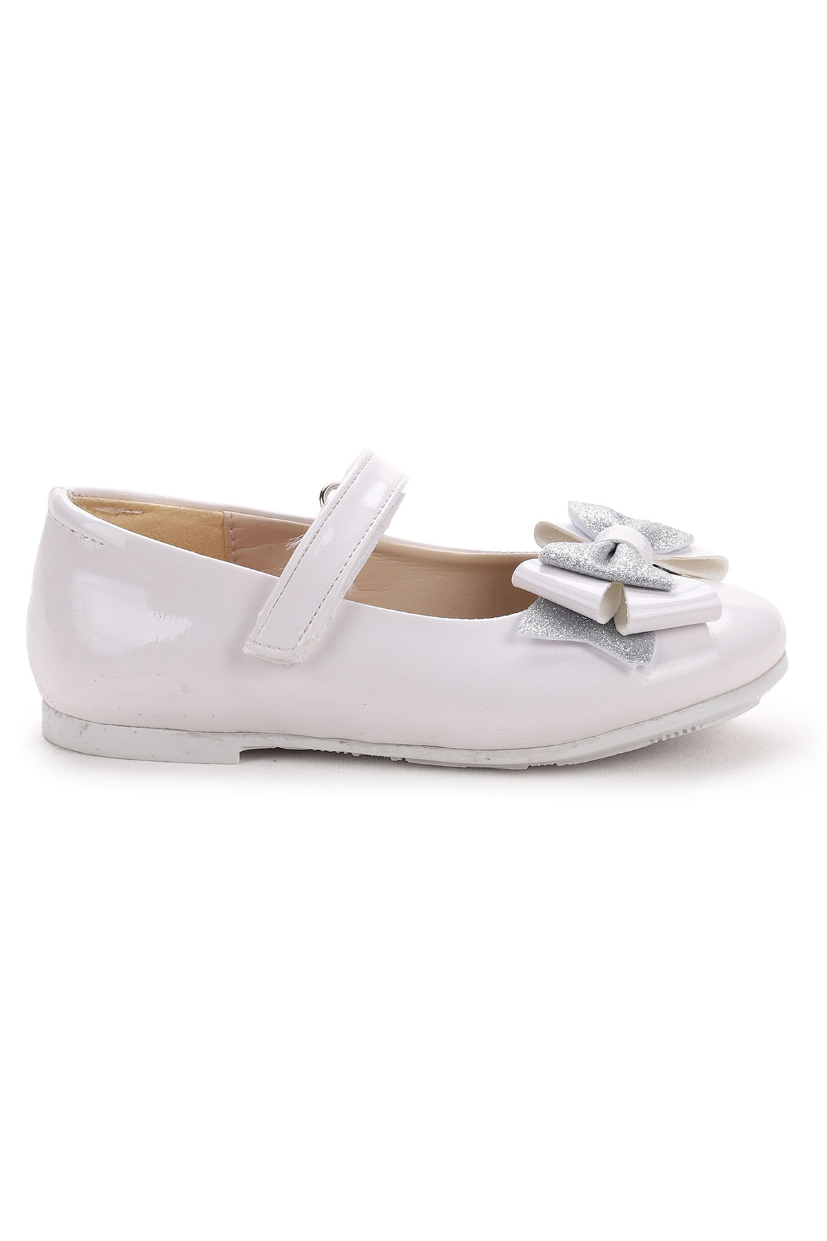 Cırtlı Kum Sim Fiyonklu Kız Çocuk Babet Ayakkabı Ege 202 Rugan Beyaz - Görsel 5