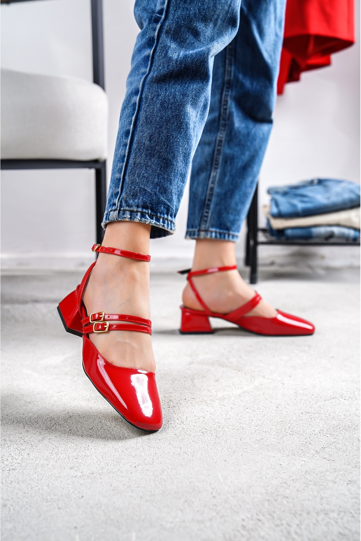 Kohana Kırmızı Çift Baret Küt Burun Topuklu Günlük Ayakkabı - Görsel 3