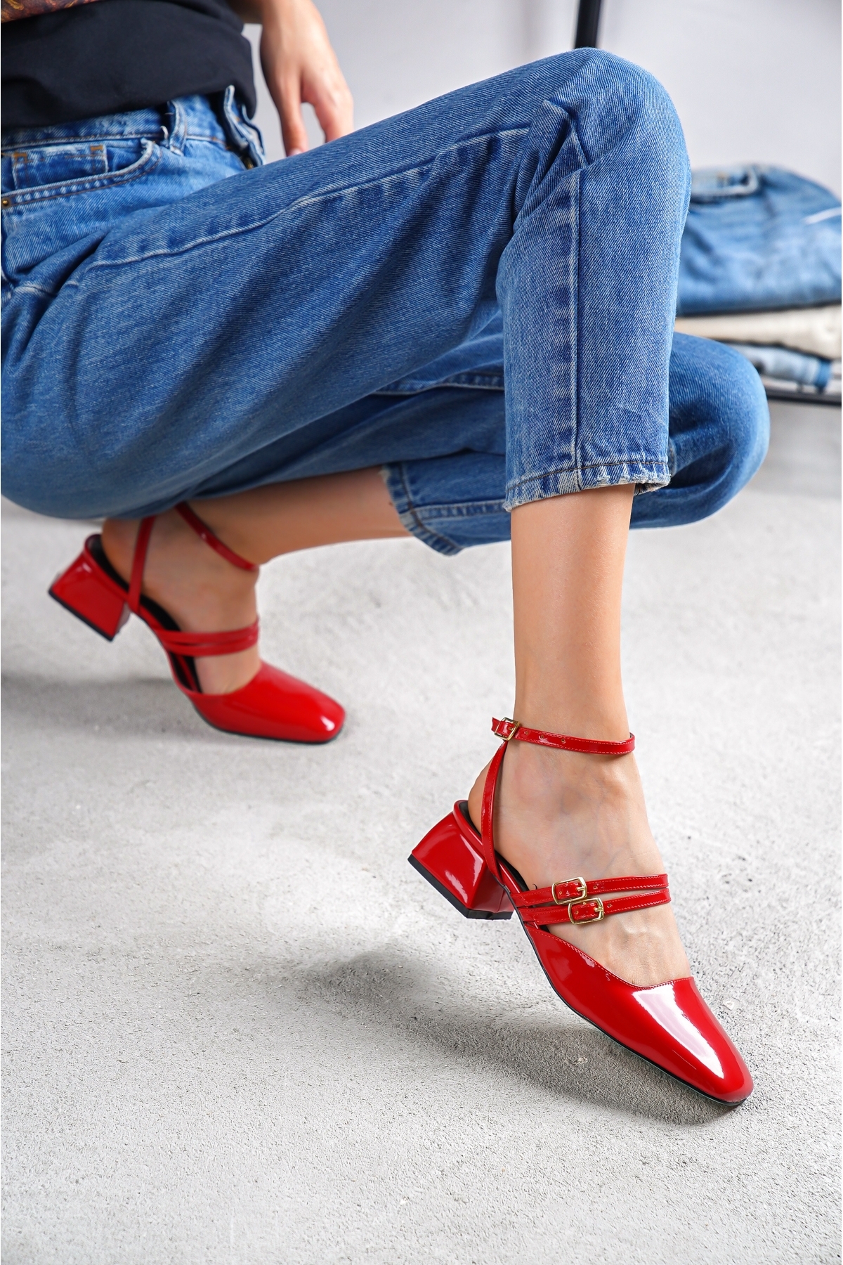 Kohana Kırmızı Çift Baret Küt Burun Topuklu Günlük Ayakkabı - Görsel 5