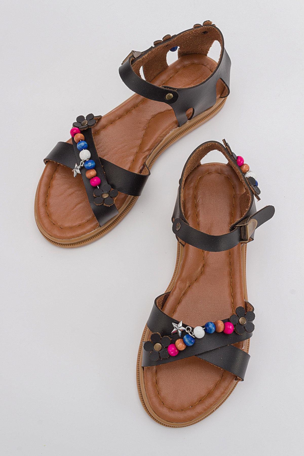 Boncuklu Çocuk Sandalet 26-30 SİYAH CİLT - Görsel 6