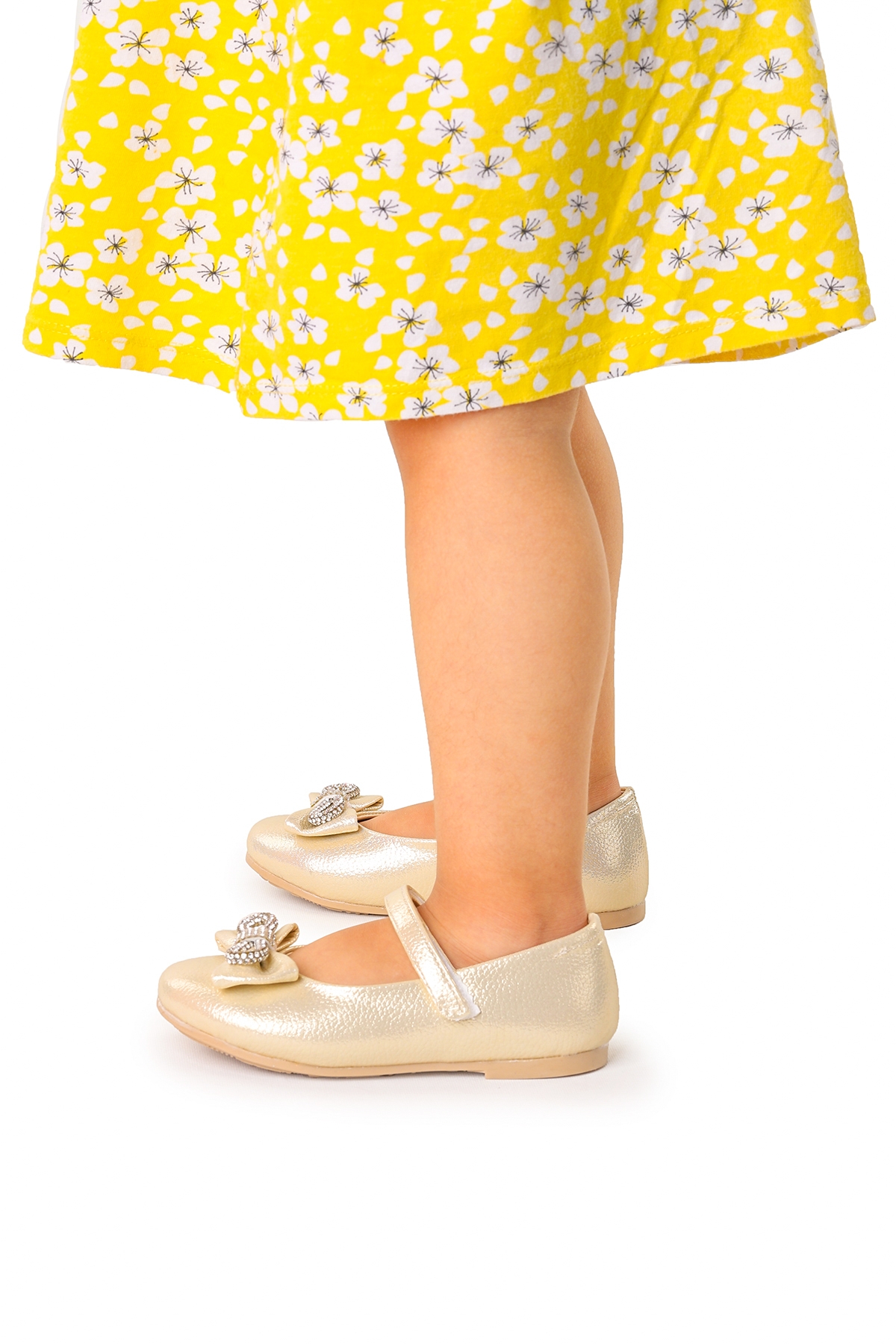 Bowtie Papyon Taşlı Cırtlı Kız Çocuk Babet Ayakkabı Altın - Görsel 3