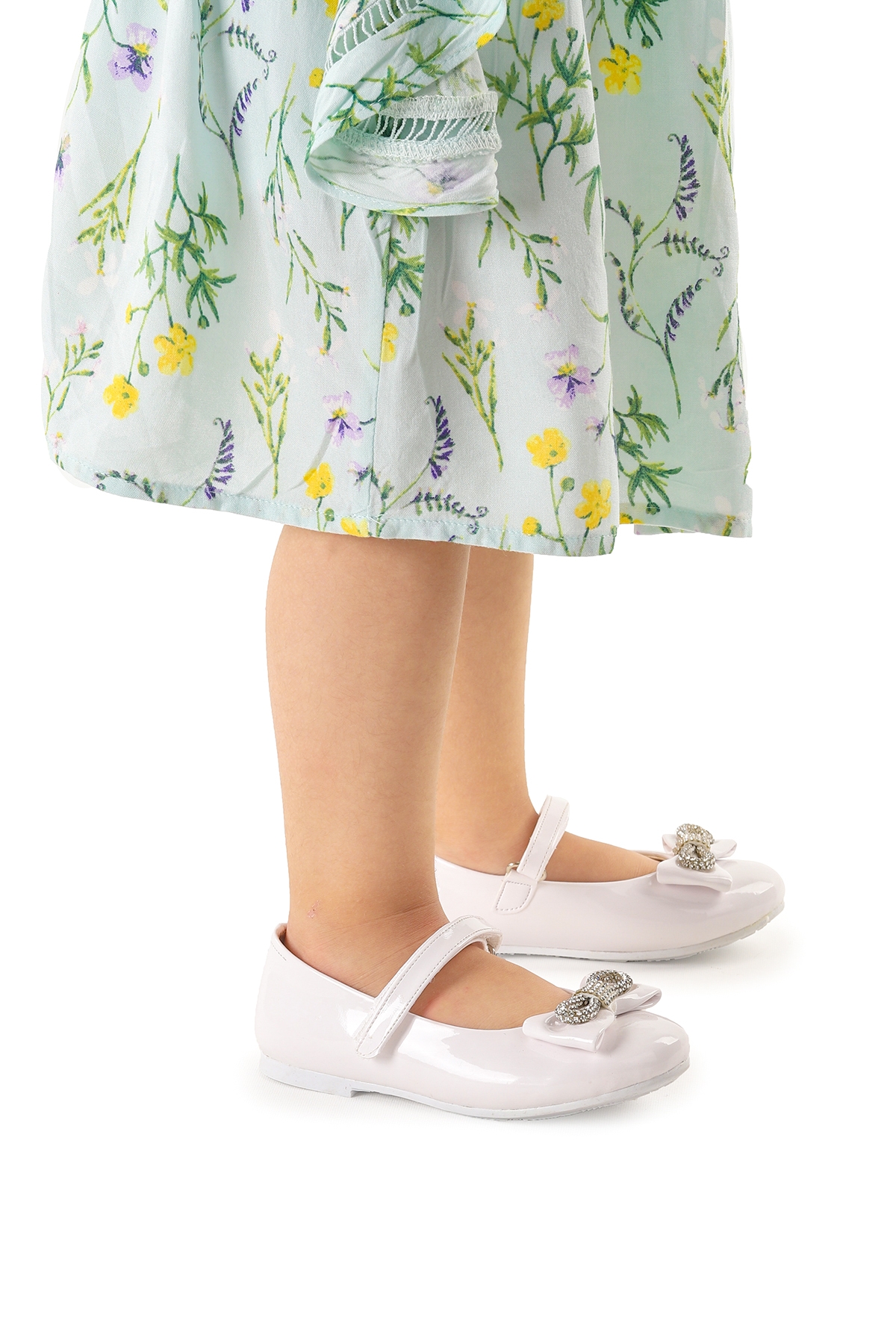 Bowtie Papyon Taşlı Cırtlı Kız Çocuk Babet Ayakkabı Beyaz - Görsel 2