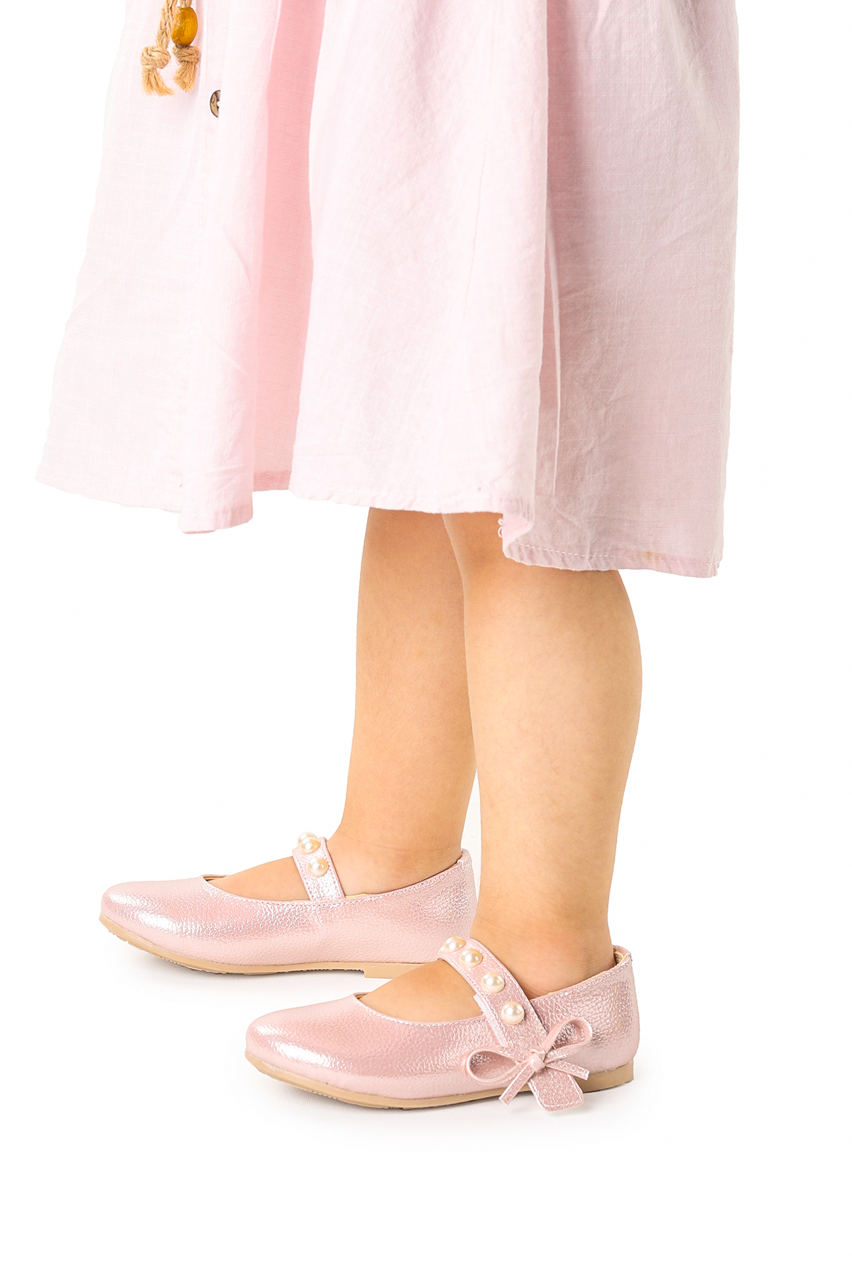 Bareti İncili Günlük Cırtlı Kız Çocuk Babet Ayakkabı Pudra - Görsel 5