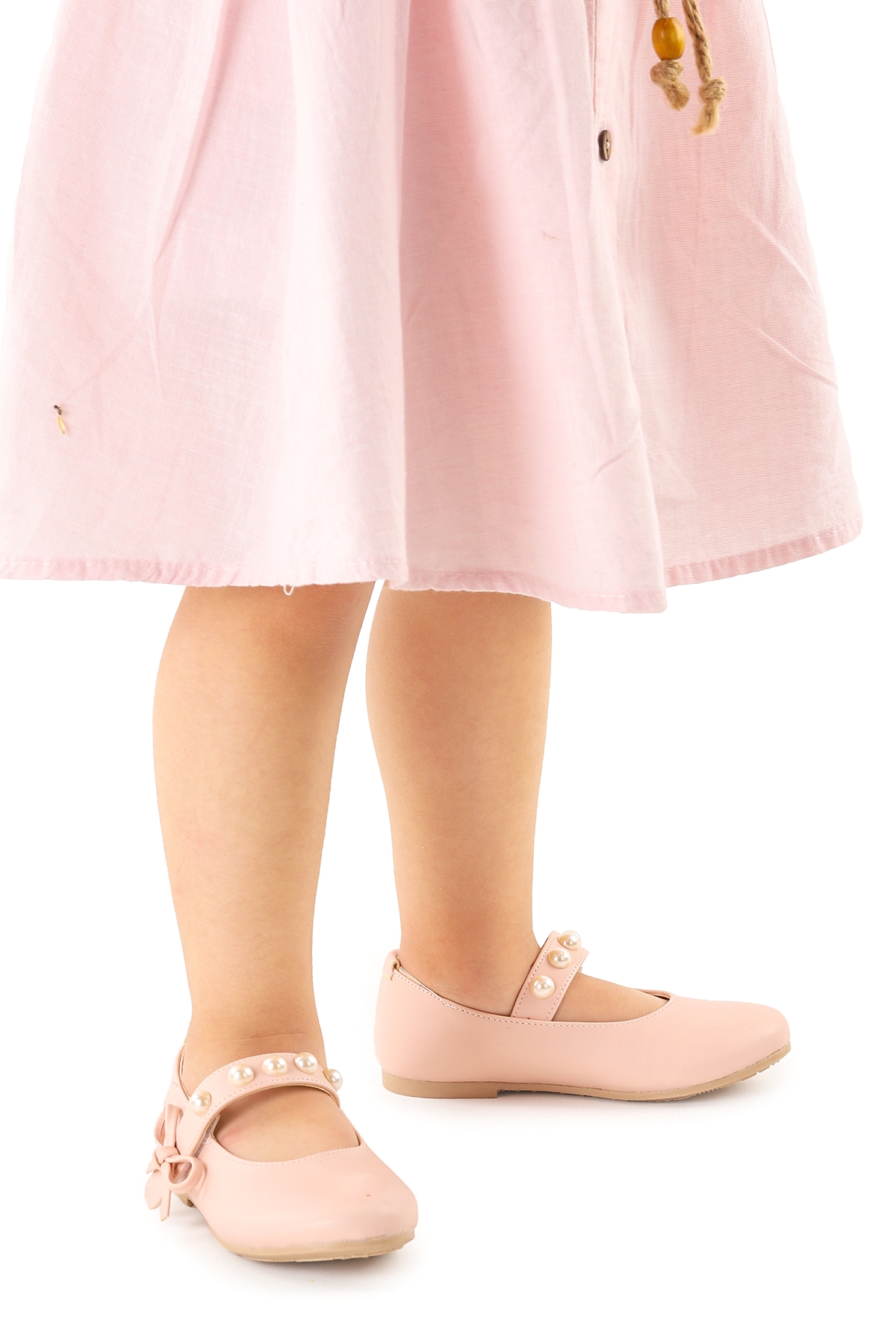 Bareti İncili Cırtlı Kız Çocuk Babet Ayakkabı Pudra - Görsel 4