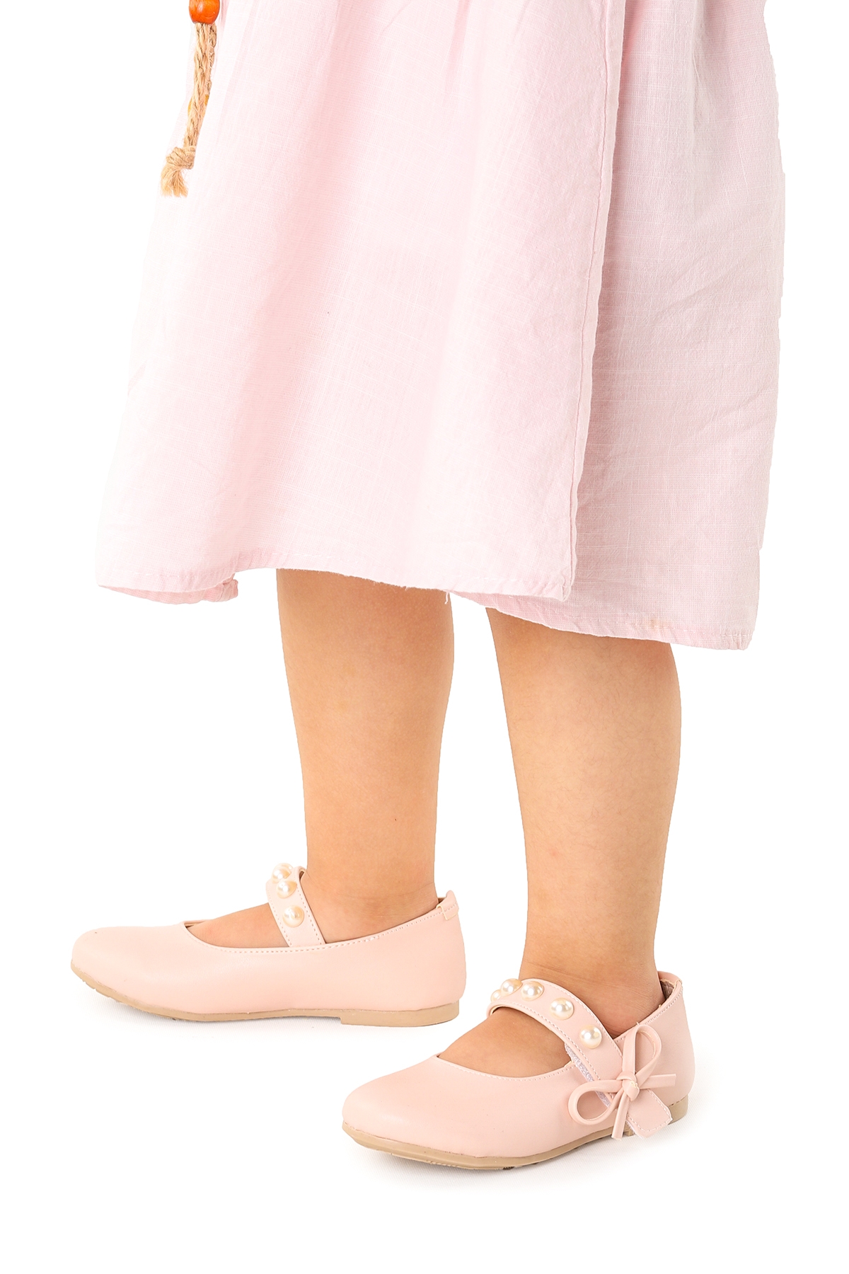 Bareti İncili Cırtlı Kız Çocuk Babet Ayakkabı Pudra - Görsel 5