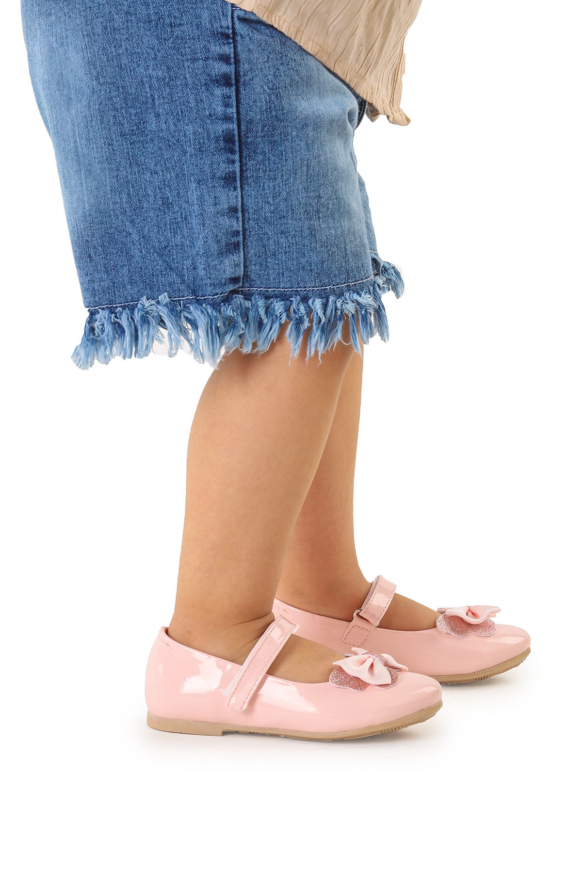 Taşlı Cırtlı Kız Çocuk Fiyonklu Babet Ayakkabı Ege 204 Rugan Pudra - Görsel 2