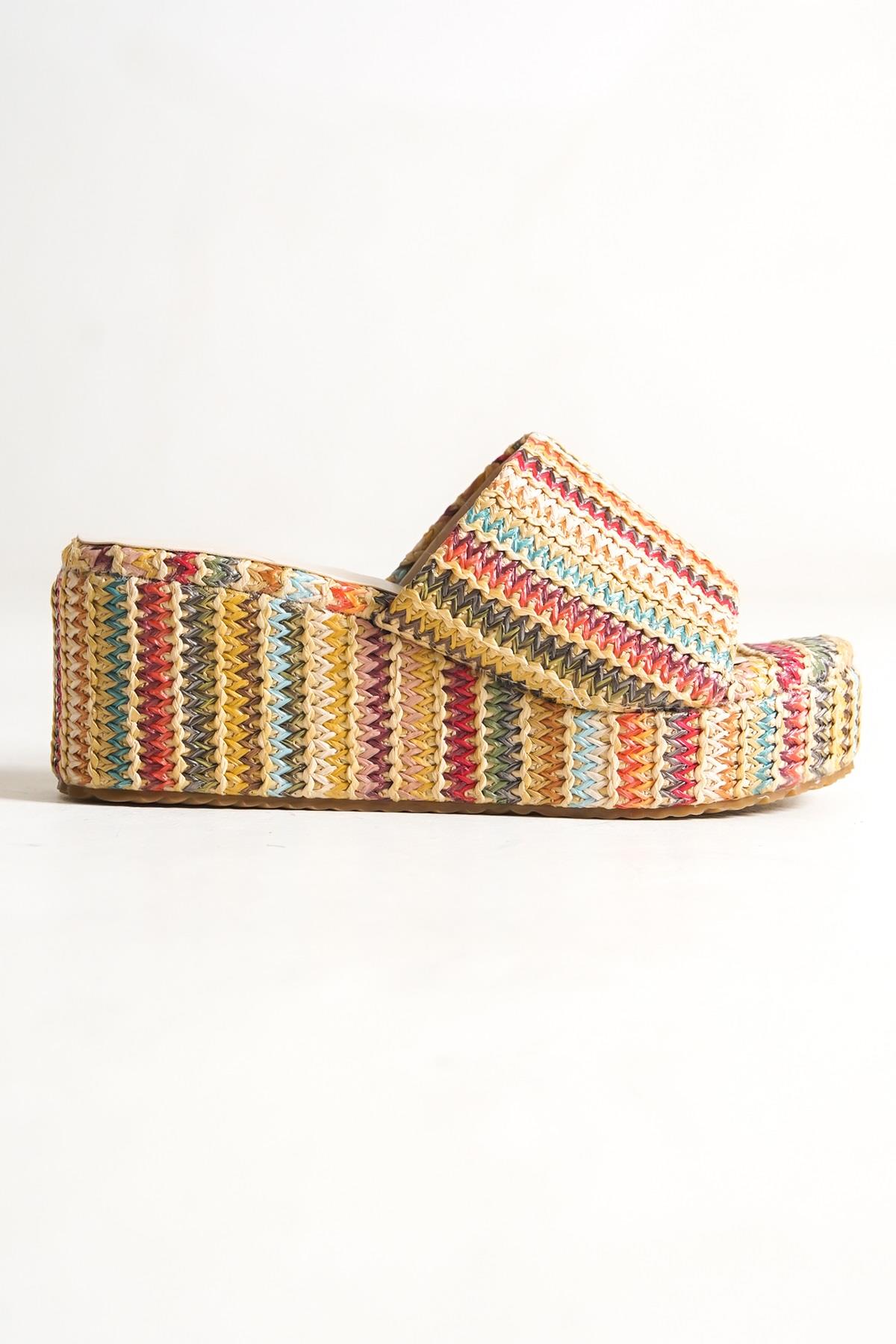 Örgü Hasır Dolgu Topuklu Kadın Bej Terlik - Queen - Görsel 3