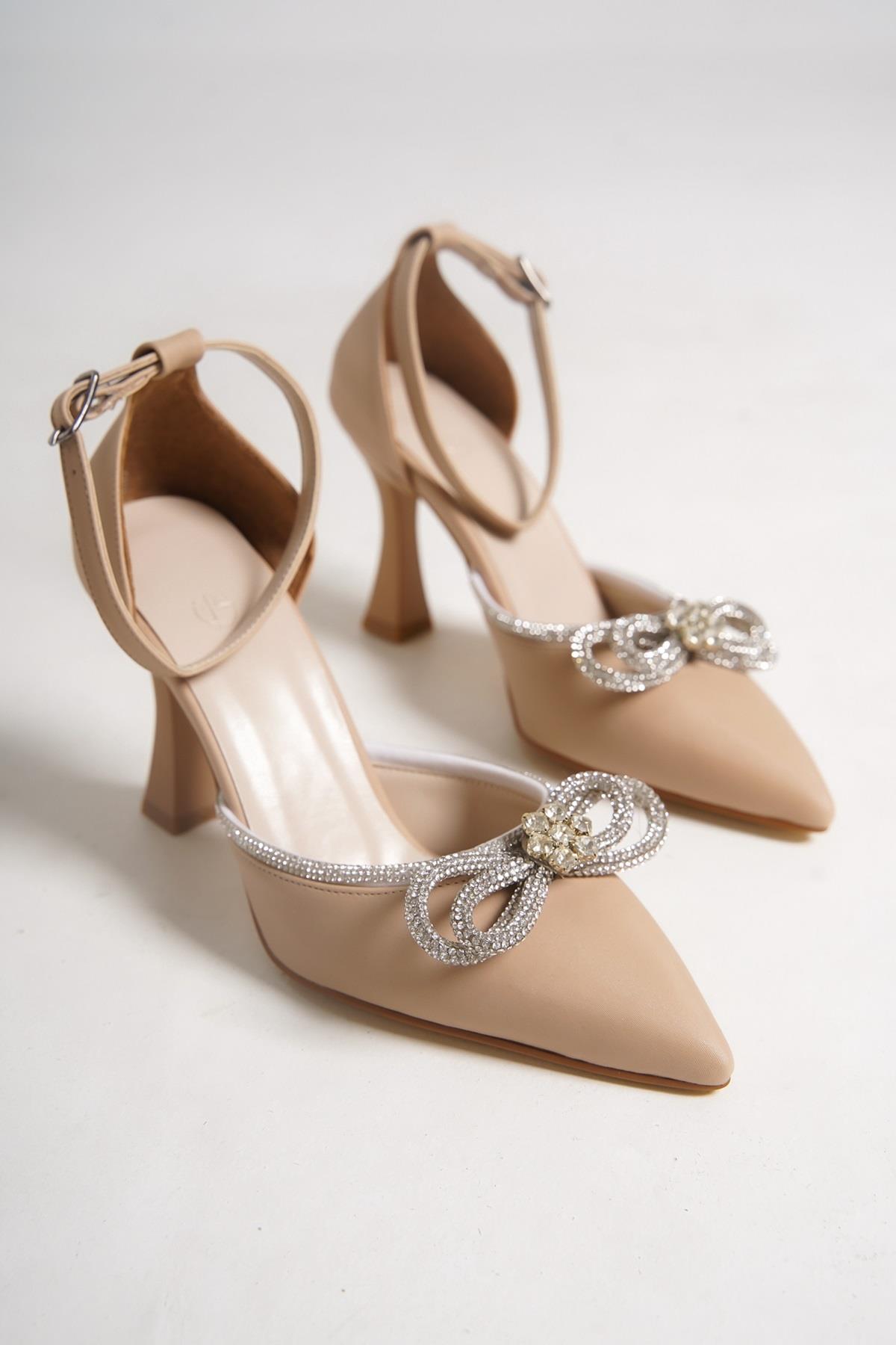 Ten Rengi Saten Fiyonk Taşlı Stiletto Kadeh Topuklu Ayakkabı - Darley - Görsel 5