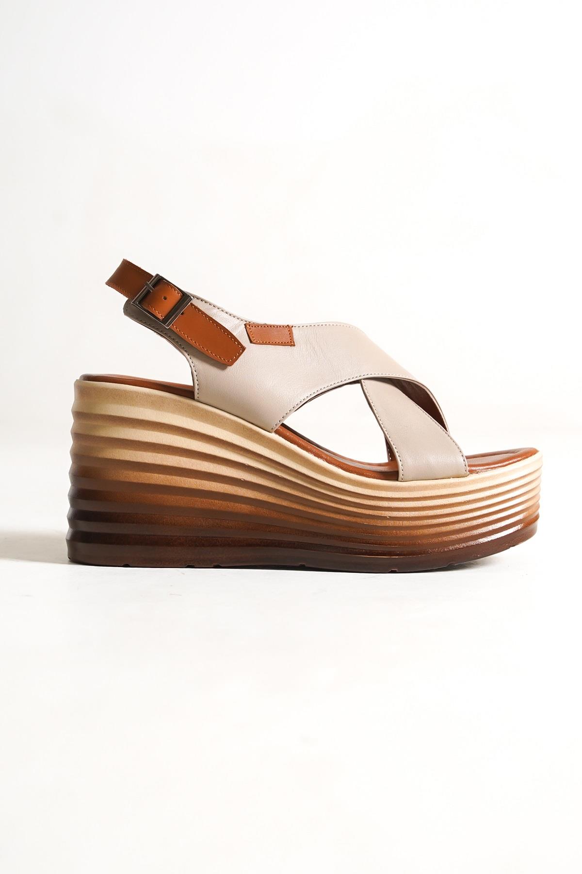 Vandes Ten Rengi Hakiki Deri Ayakkabı Dolgu Topuklu Günlük Sandalet - Görsel 3