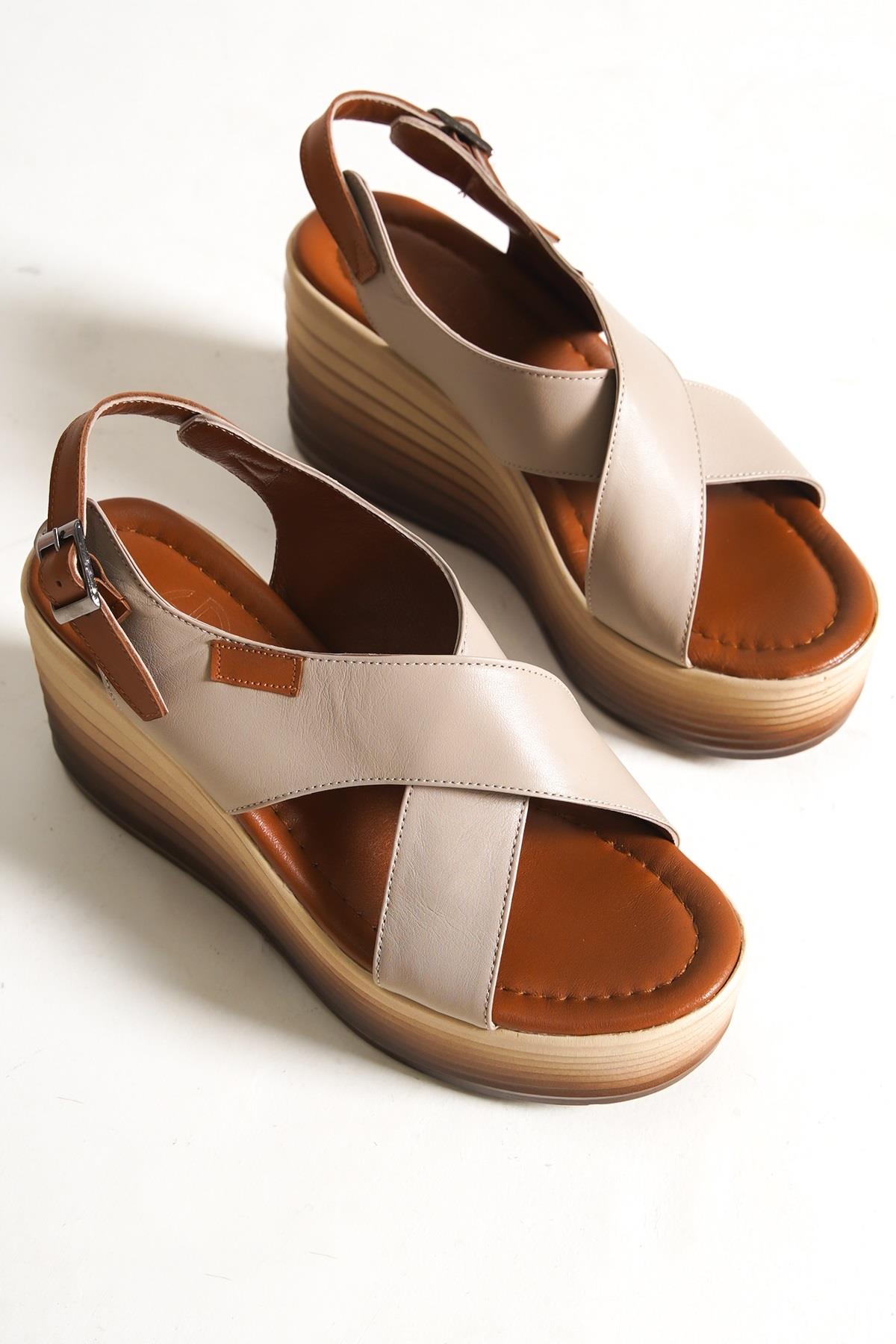 Vandes Ten Rengi Hakiki Deri Ayakkabı Dolgu Topuklu Günlük Sandalet - Görsel 5