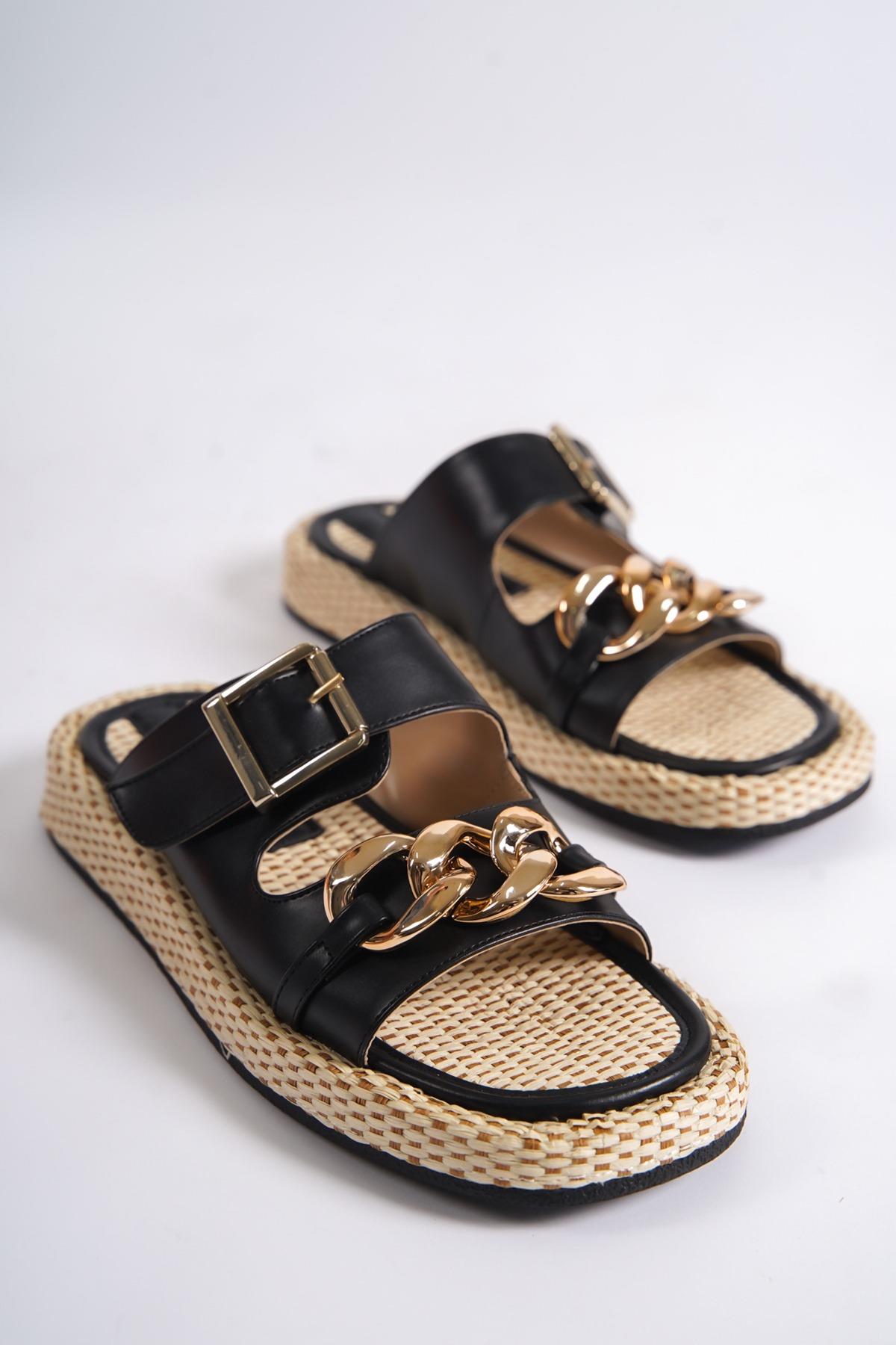 Mambo Zincir Tokalı Siyah Günlük Kadın Hasır Terlik - Görsel 5