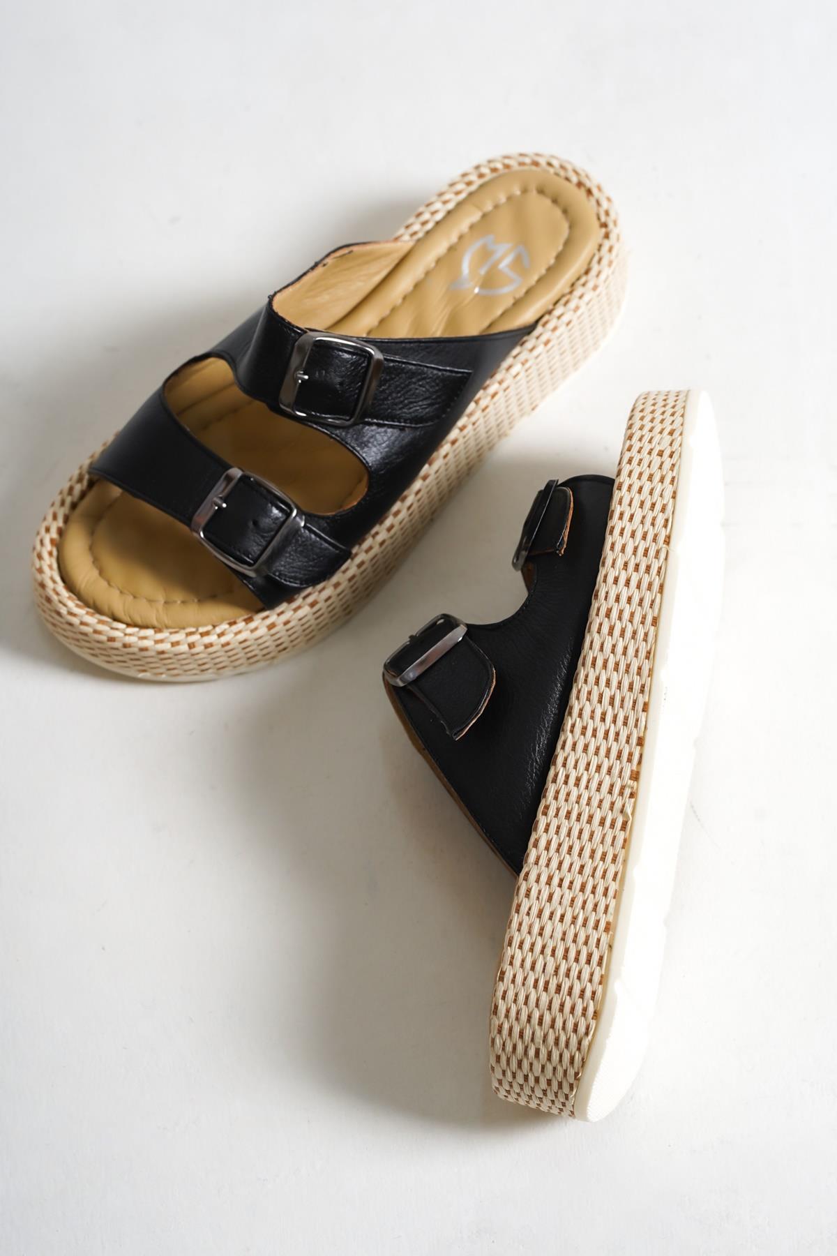 Marta Siyah Hakiki Deri Çift Bantlı Kalın Taban Günlük Terlik - Görsel 3