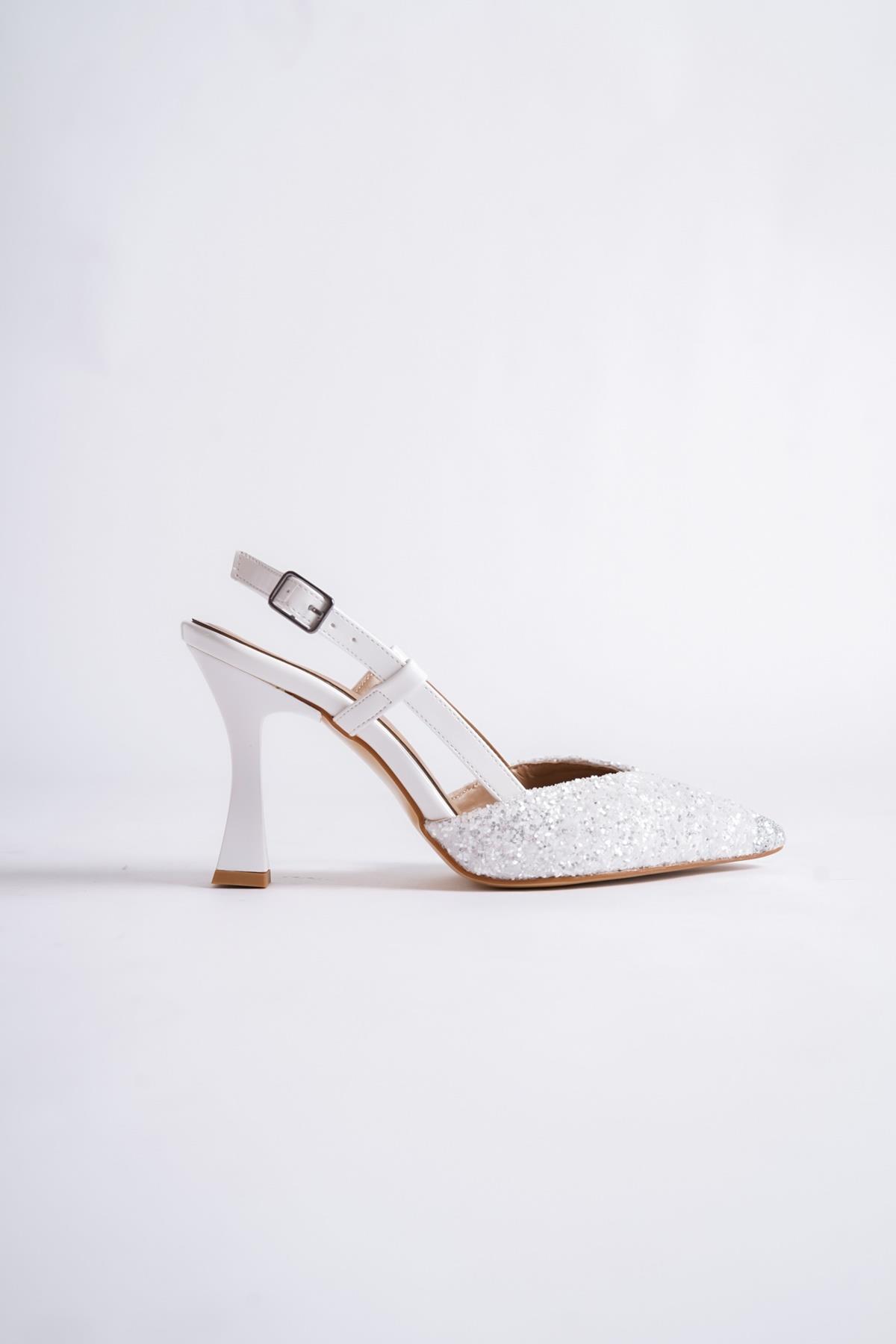 Paris Beyaz Cam Kırığı Arkası Açık Stiletto Kadeh Topuklu Abiye Ayakkabı - Görsel 3