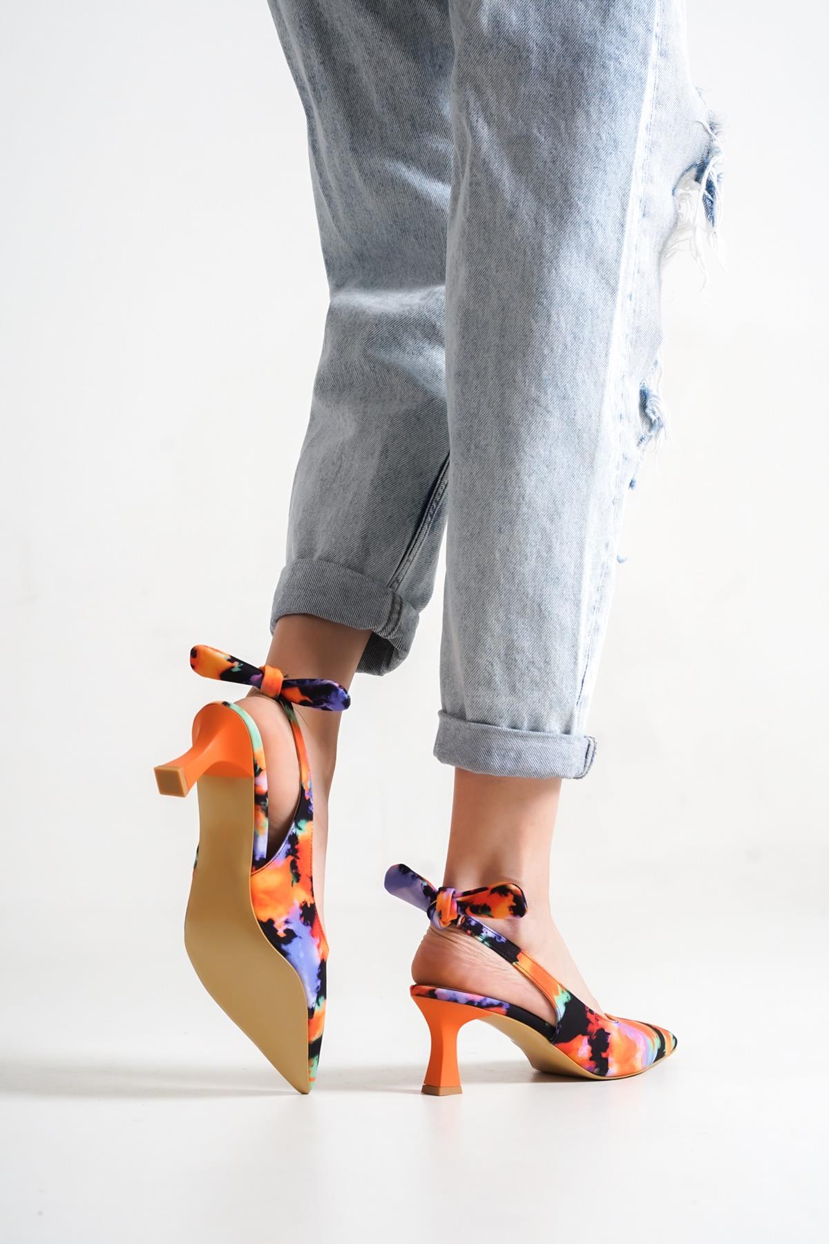 Minipony Turuncu Batik Stiletto Kısa Topuklu Ayakkabı - Görsel 4