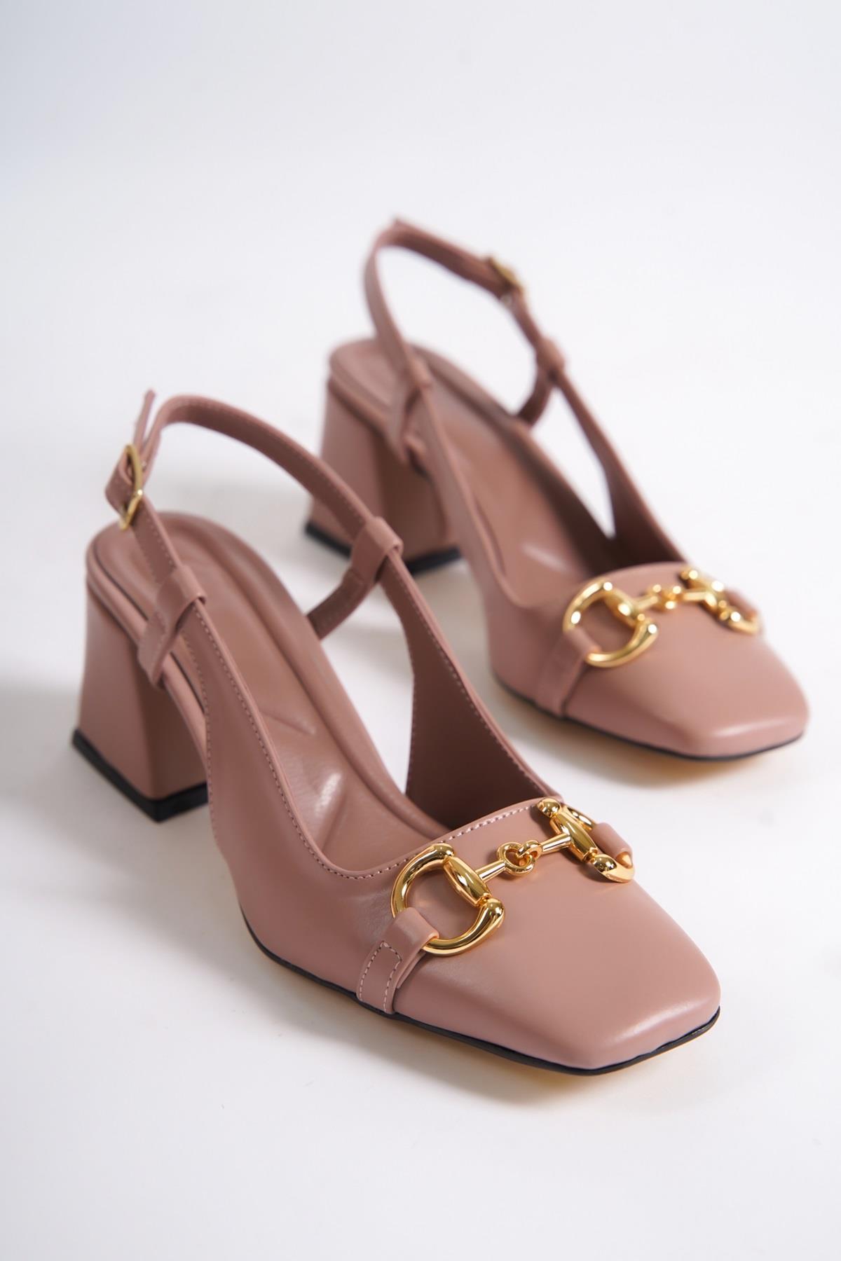 Cenova Gül Kurusu Küt Burunlu Tokalı Arkası Açık Kalın Topuklu Ayakkabı - Görsel 5