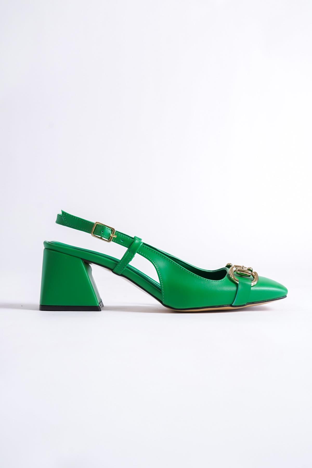 Cenova Yeşil Küt Burunlu Tokalı Arkası Açık Kalın Topuklu Ayakkabı - Görsel 3