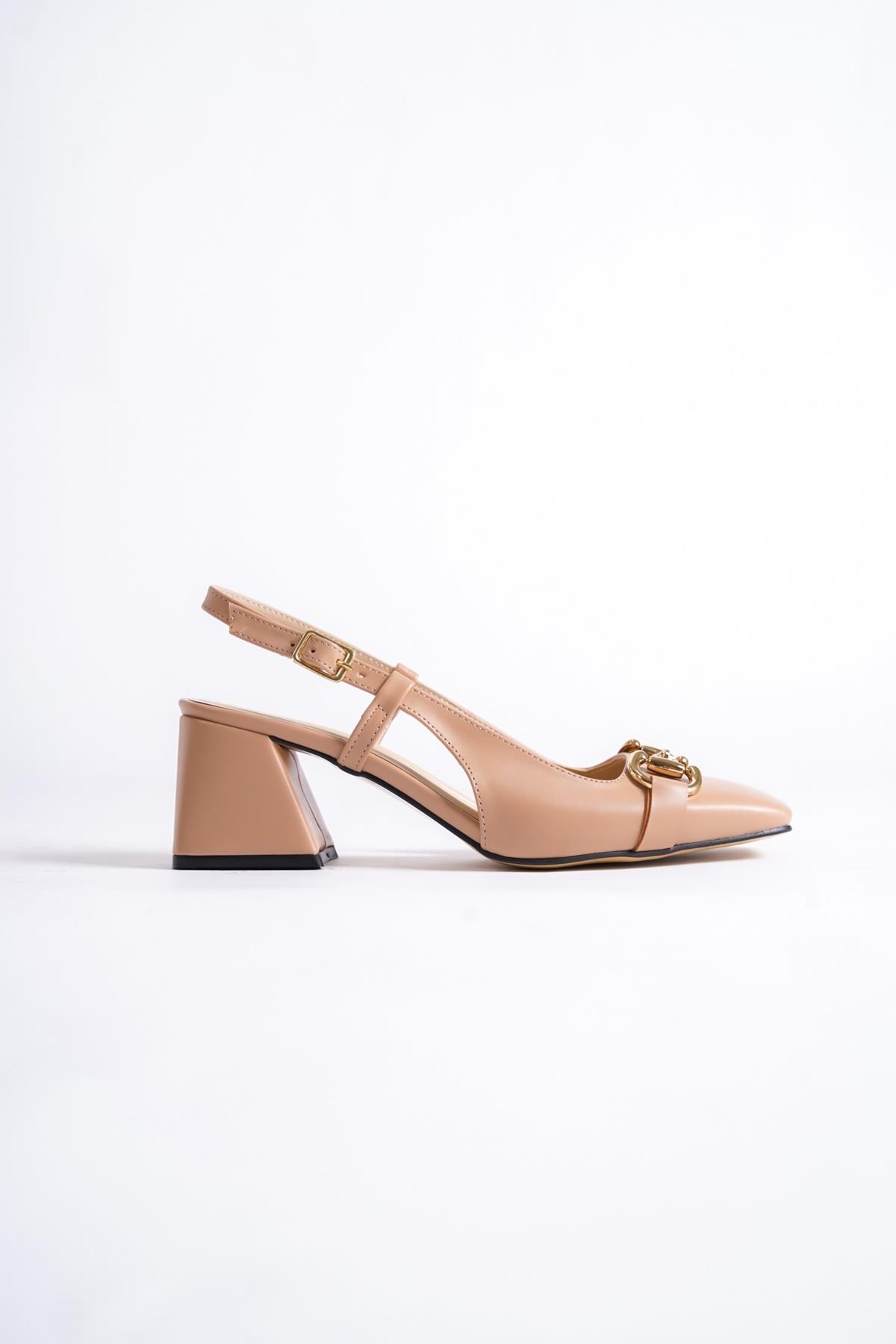 Cenova Ten Rengi Küt Burunlu Tokalı Arkası Açık Kalın Topuklu Ayakkabı - Görsel 3