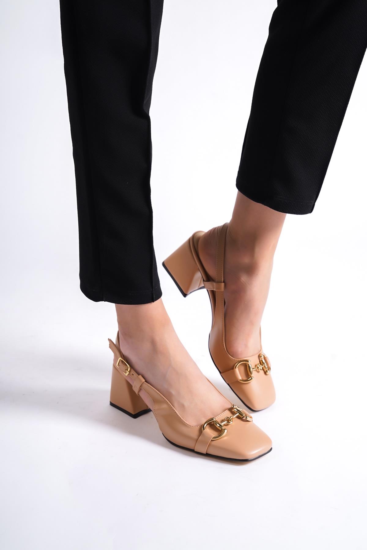 Cenova Ten Rengi Küt Burunlu Tokalı Arkası Açık Kalın Topuklu Ayakkabı - Görsel 4