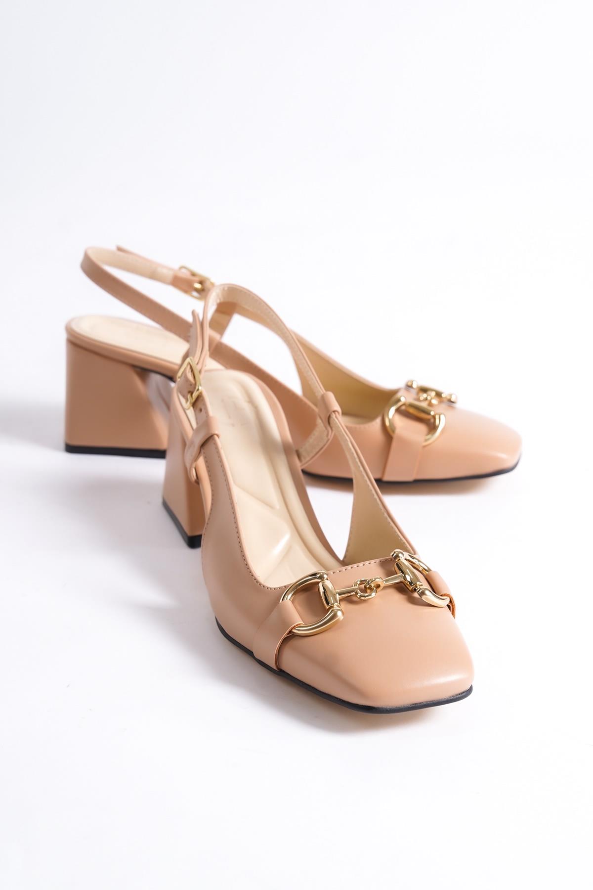 Cenova Ten Rengi Küt Burunlu Tokalı Arkası Açık Kalın Topuklu Ayakkabı - Görsel 5